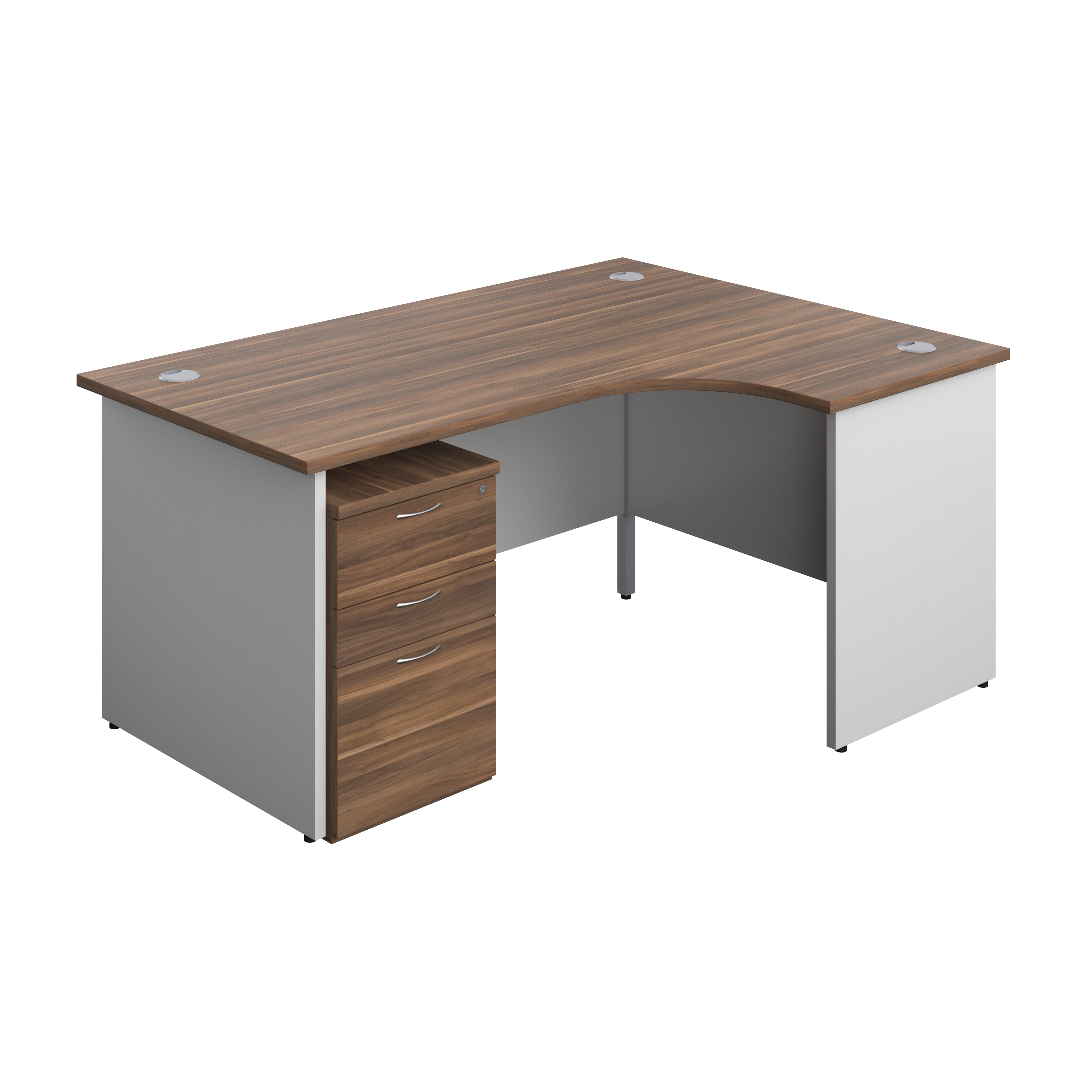 Panel Plus Right Radial Desk + 3 Drawer Under Desk Pedestal Bundle (FSC) | 1600X1200 | Dark Walnut/White
