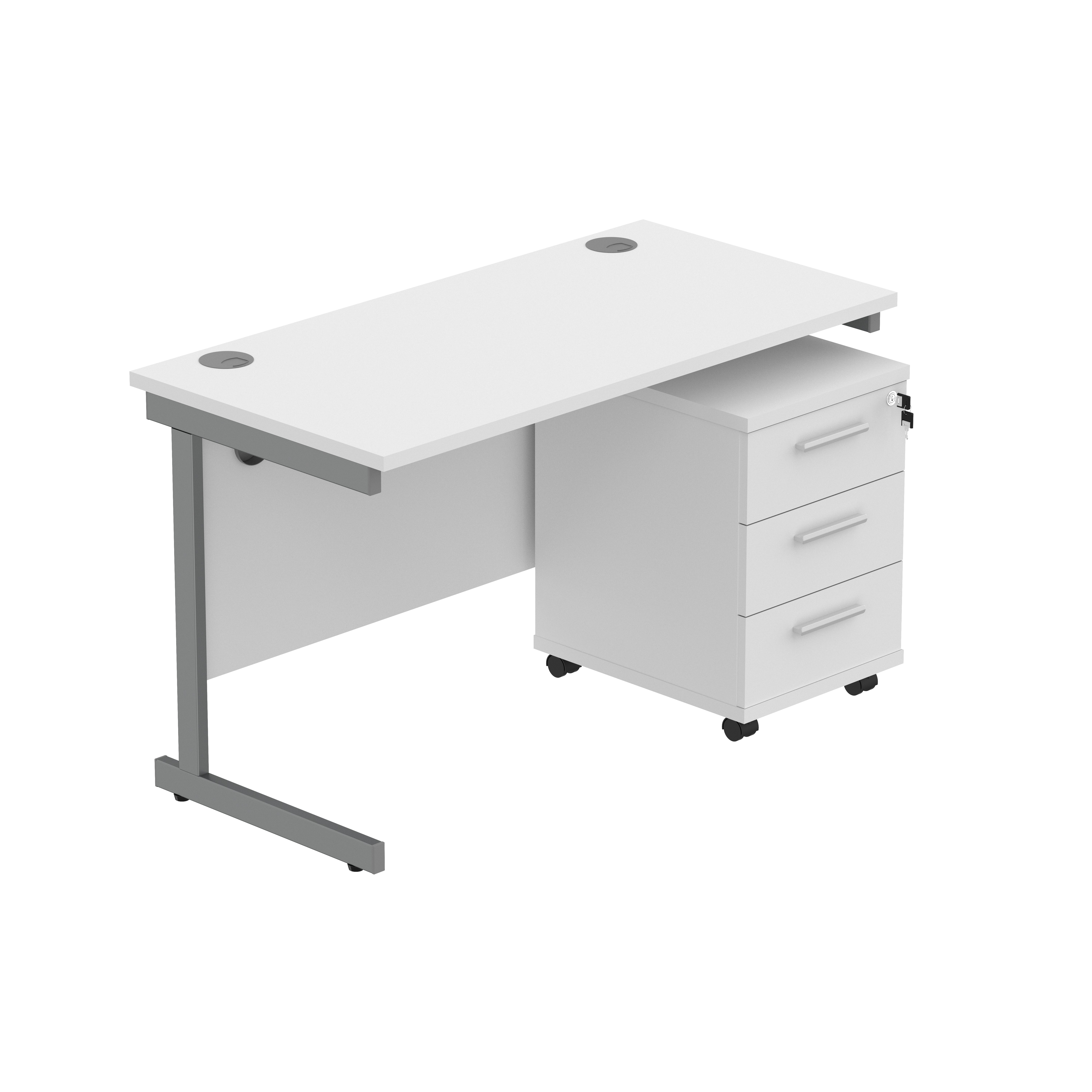 Single Upright Rectangular Desk + 3 Drawer Mobile Under Desk Pedestal (FSC) | 1200 X 600 | Arctic White/Graphite