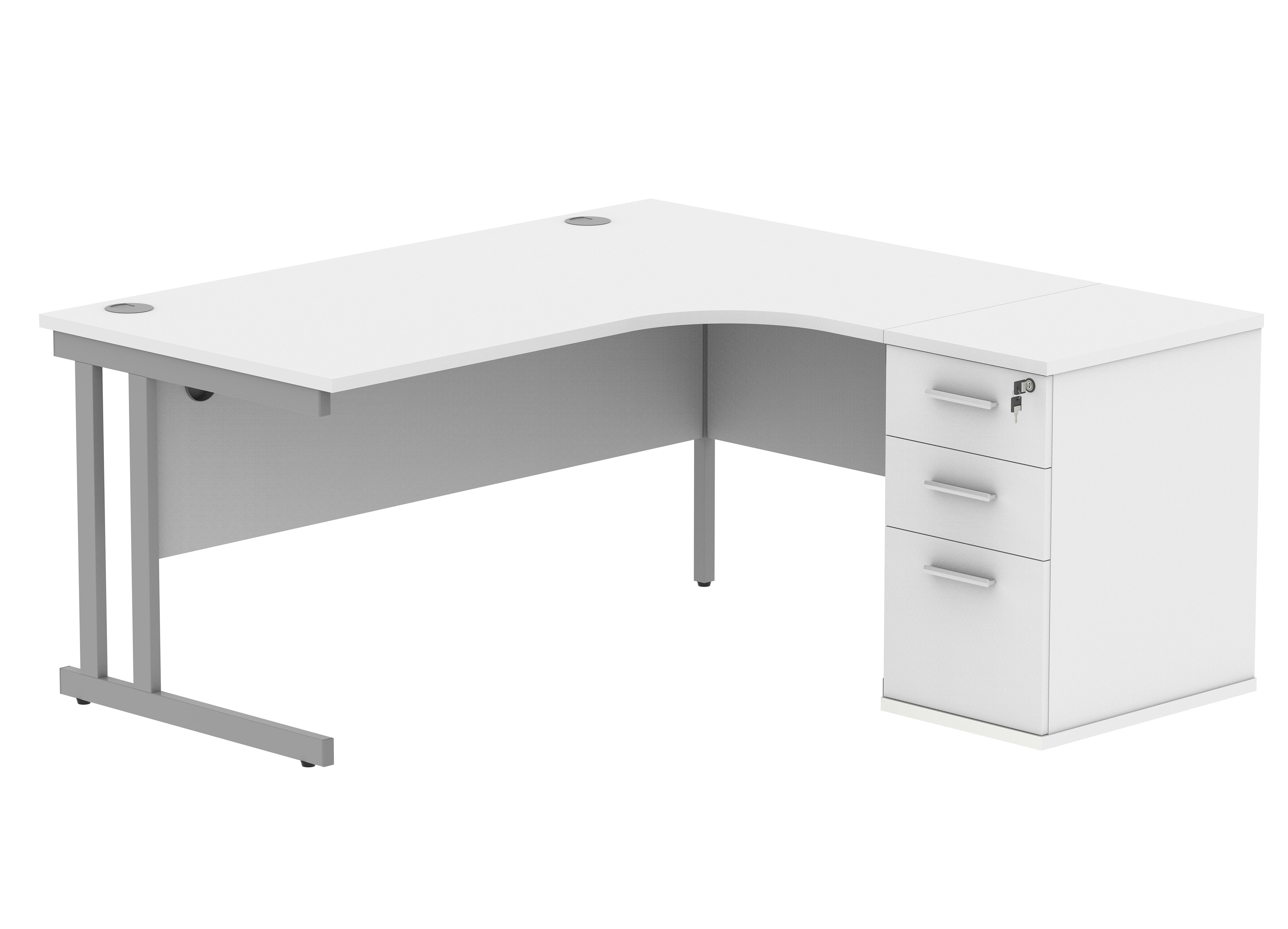 Double+Upright+Right+Hand+Radial+Desk+%2B+Desk+High+Pedestal+%28FSC%29+600mm+Deep+Pedestal+1600X1200+Arctic+White%2FSilver