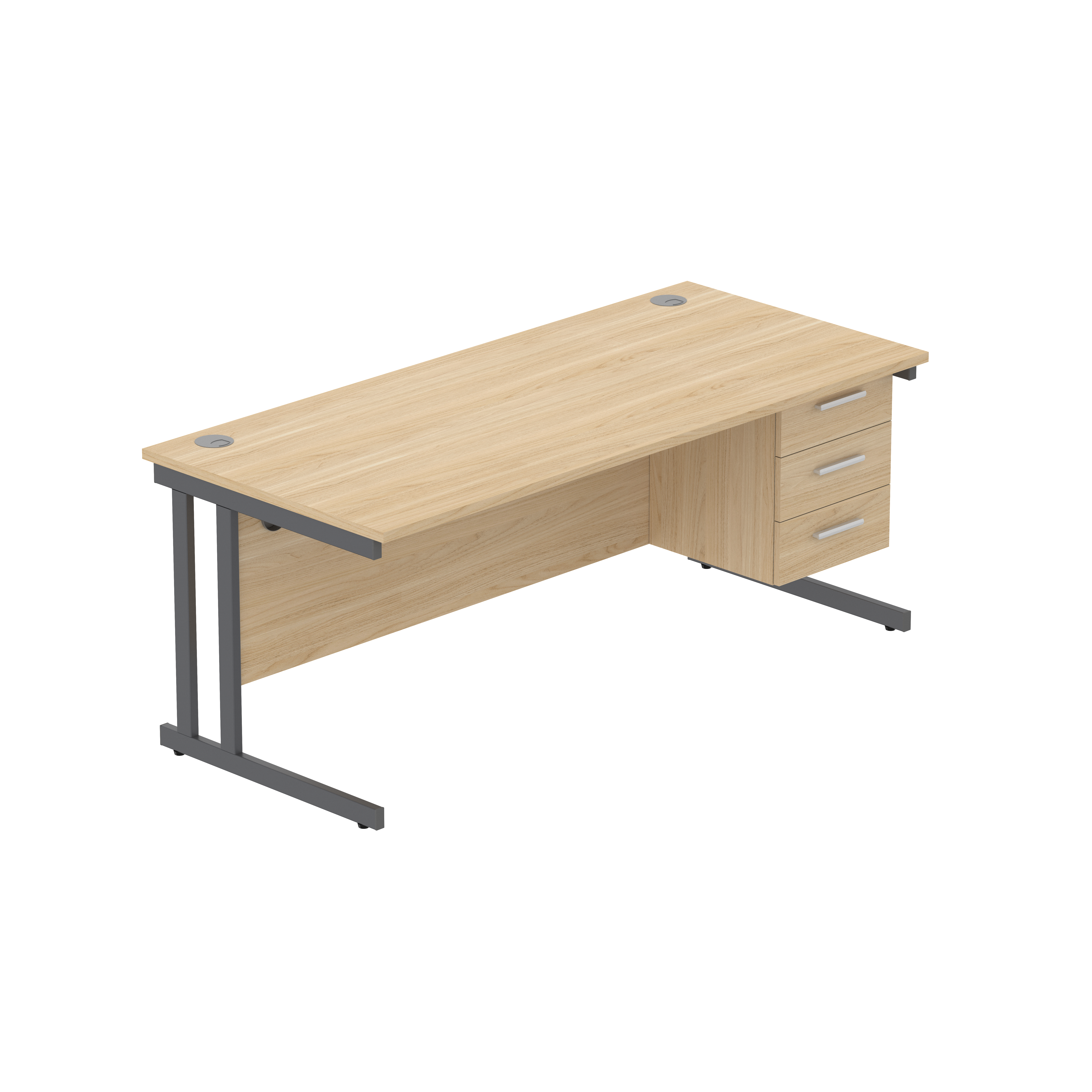 Office Rectangular Desk with Steel Double Upright Cantilever Legs + 3 Drawer Fixed Pedestal (FSC) | 1800X800 | Canadian Oak/Graphite thumbnail 2
