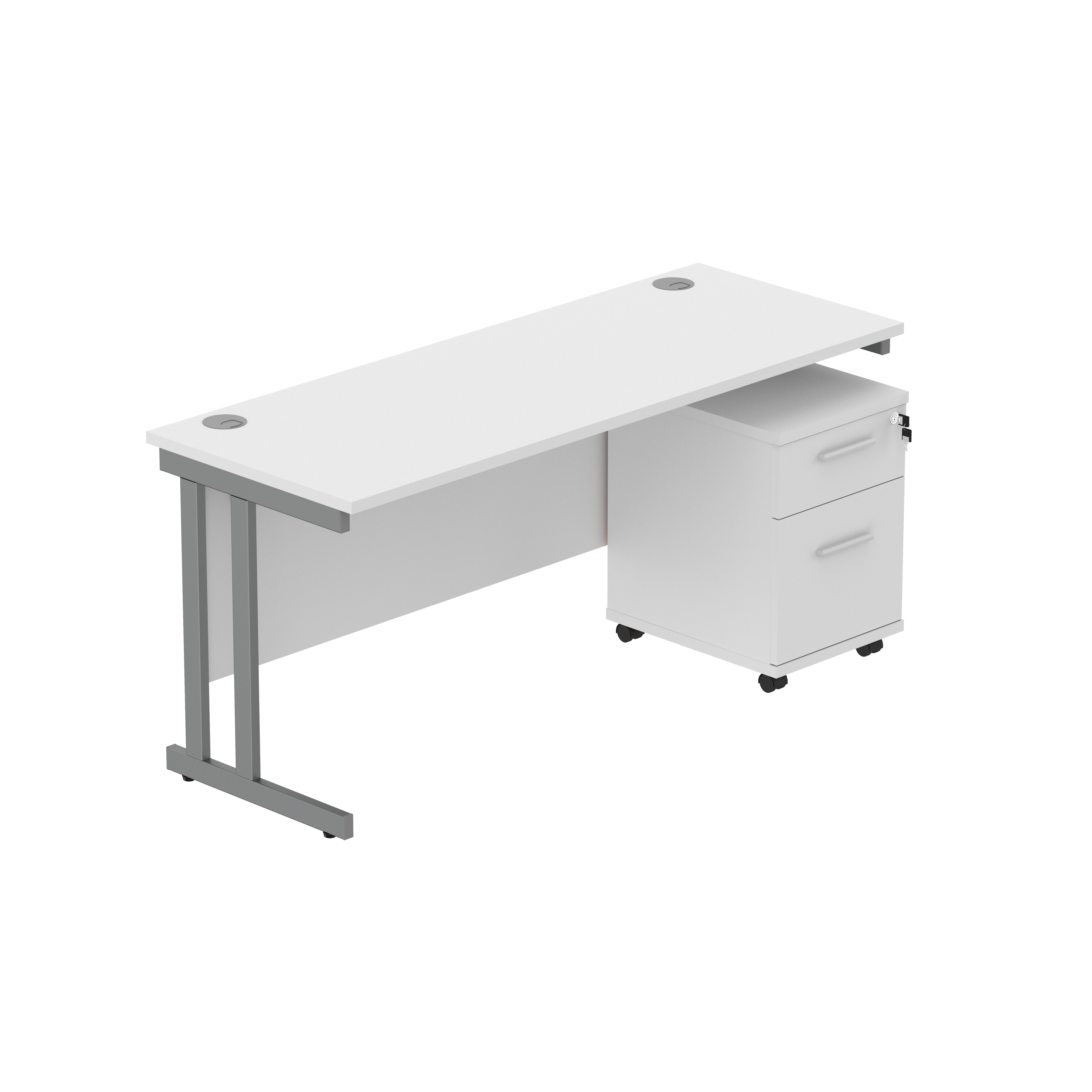 Double Upright Rectangular Desk + 2 Drawer Mobile Under Desk Pedestal (FSC) | 1600X600 | Arctic White/Graphite