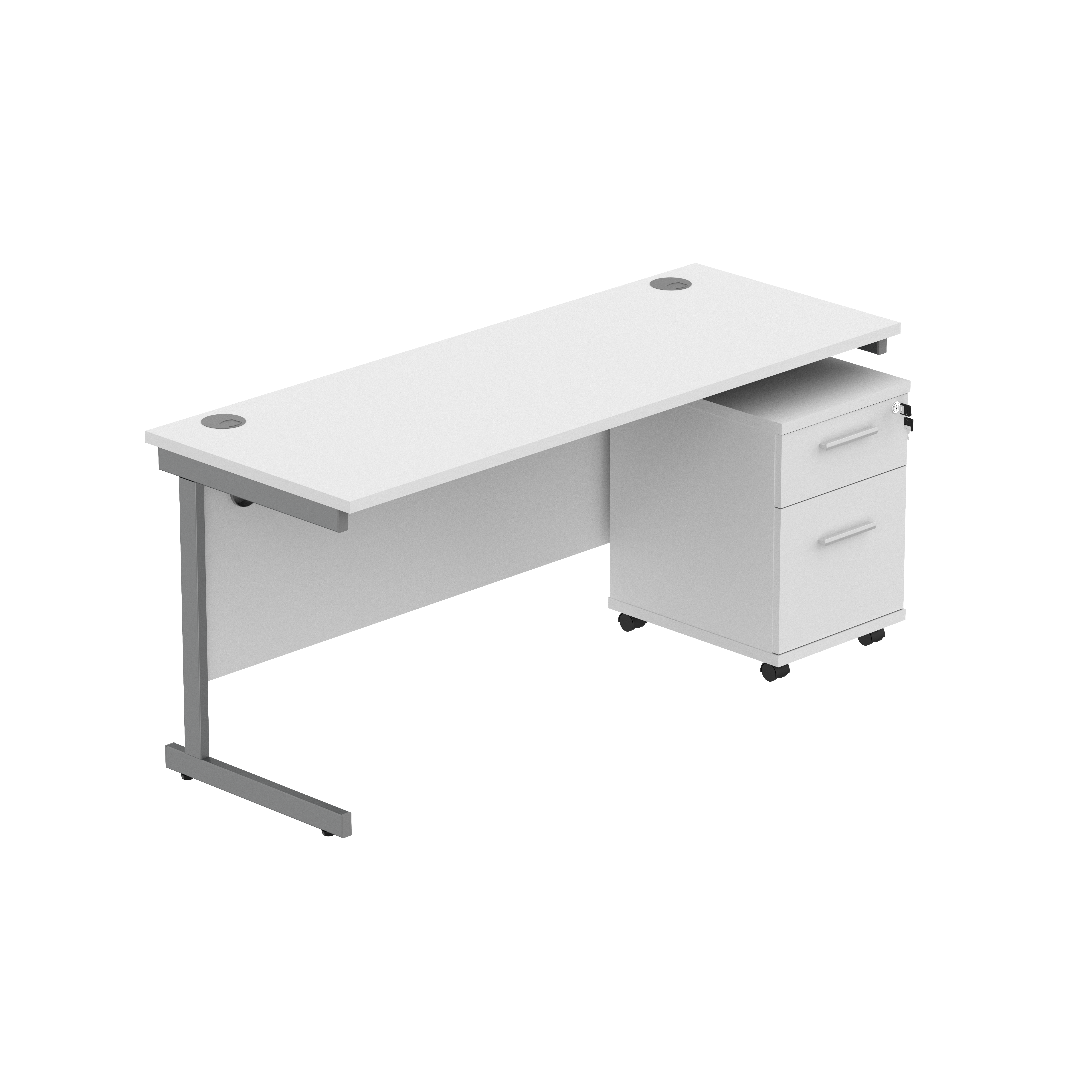 Single Upright Rectangular Desk + 2 Drawer Mobile Under Desk Pedestal (FSC) | 1600 X 600 | Arctic White/Graphite