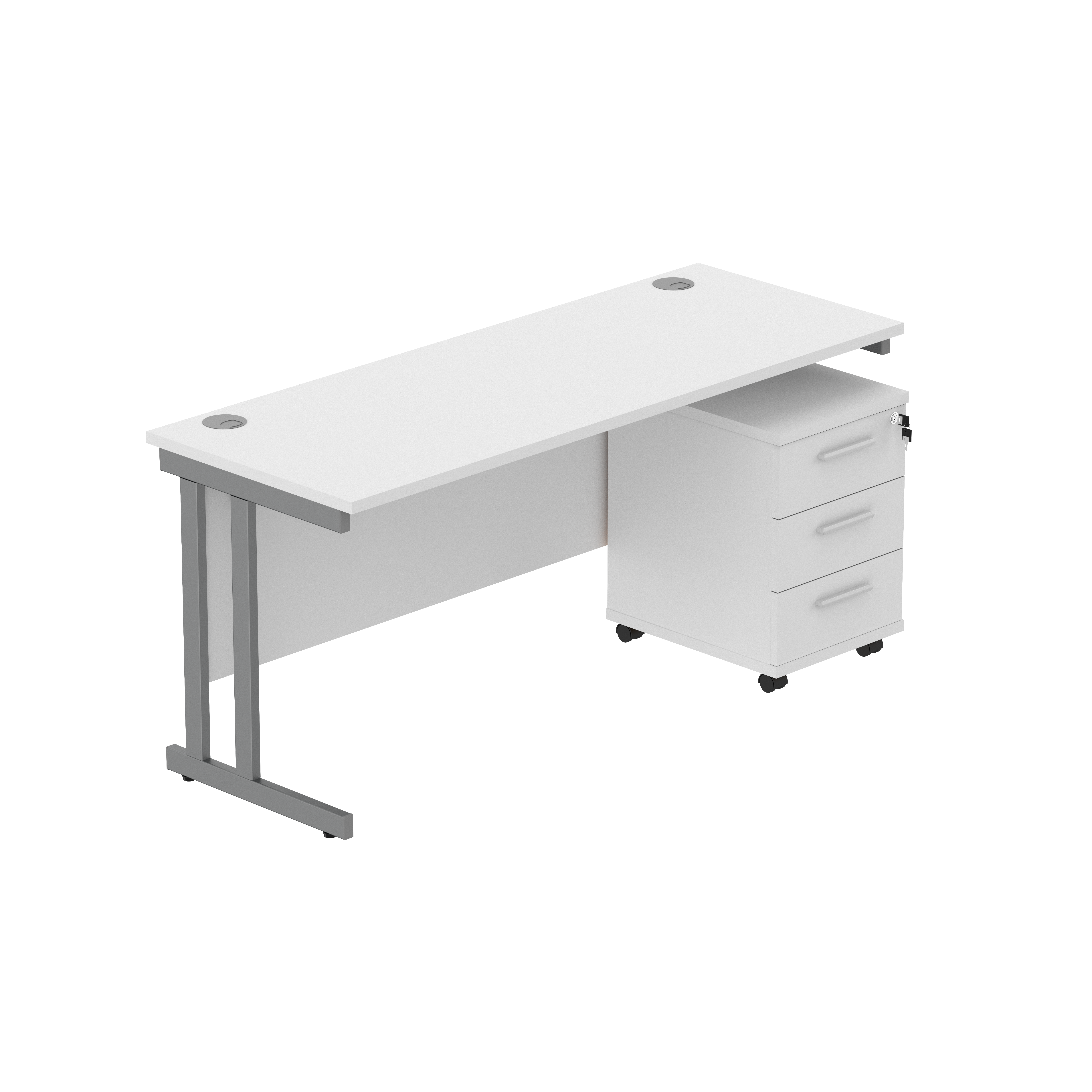 Double Upright Rectangular Desk + 3 Drawer Mobile Under Desk Pedestal (FSC) | 1600X600 | Arctic White/Graphite