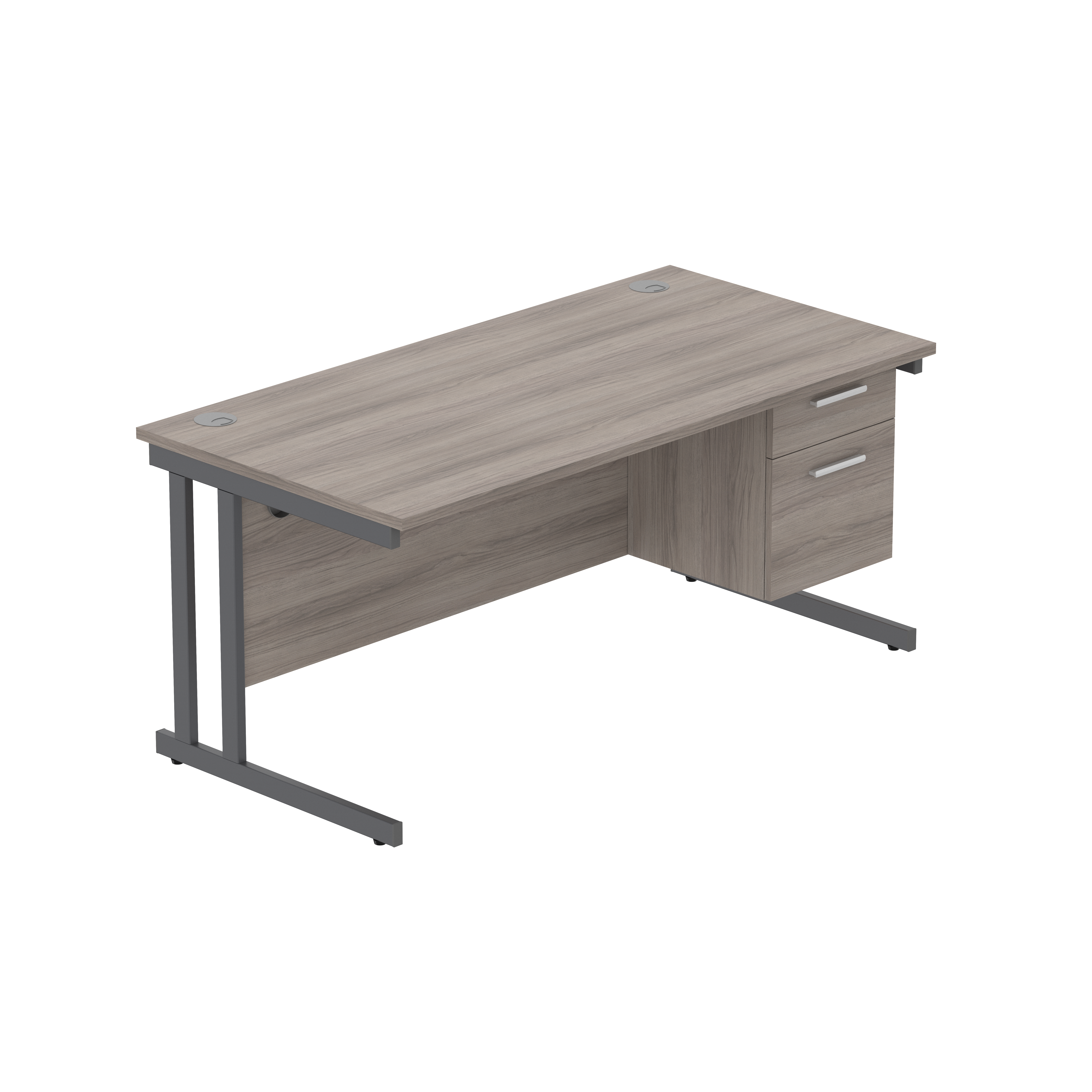 Office Rectangular Desk with Steel Double Upright Cantilever Legs + 2 Drawer Fixed Pedestal (FSC) | 1600X800 | Alaskan Grey Oak/Graphite thumbnail 2