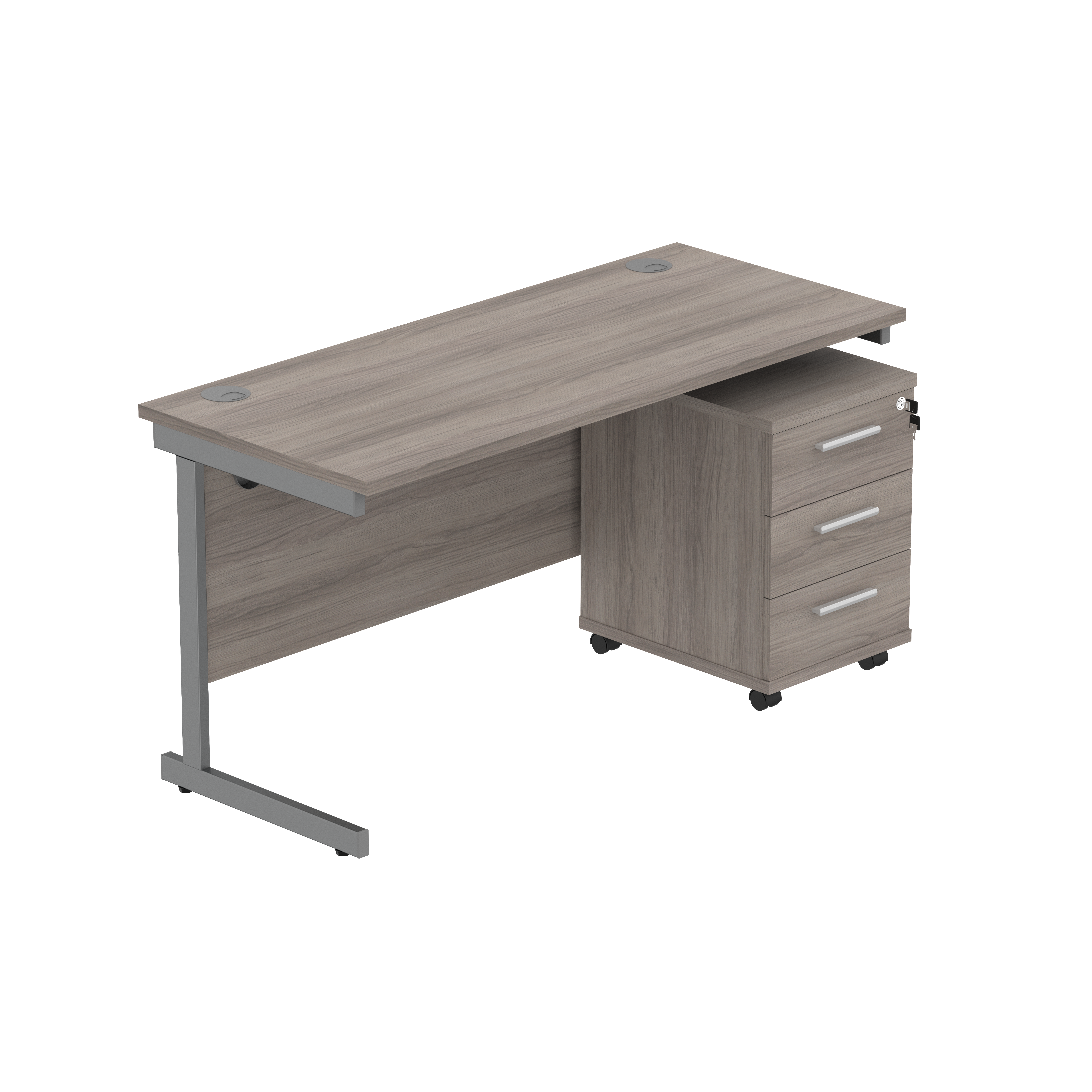 Single Upright Rectangular Desk + 3 Drawer Mobile Under Desk Pedestal (FSC) | 1400 X 600 | Alaskan Grey Oak/Graphite