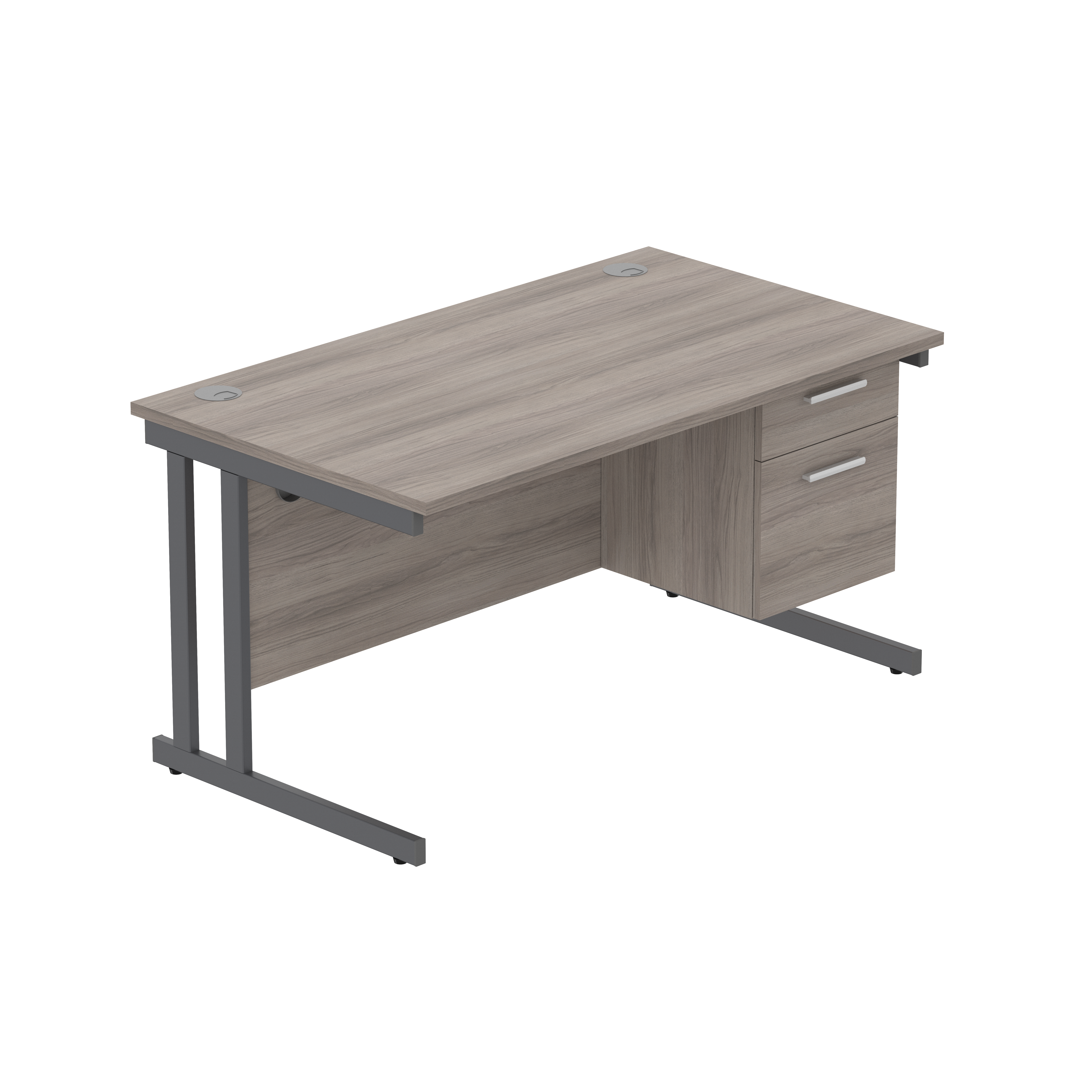 Office Rectangular Desk with Steel Double Upright Cantilever Legs + 2 Drawer Fixed Pedestal (FSC) | 1400X800 | Alaskan Grey Oak/Graphite thumbnail 2