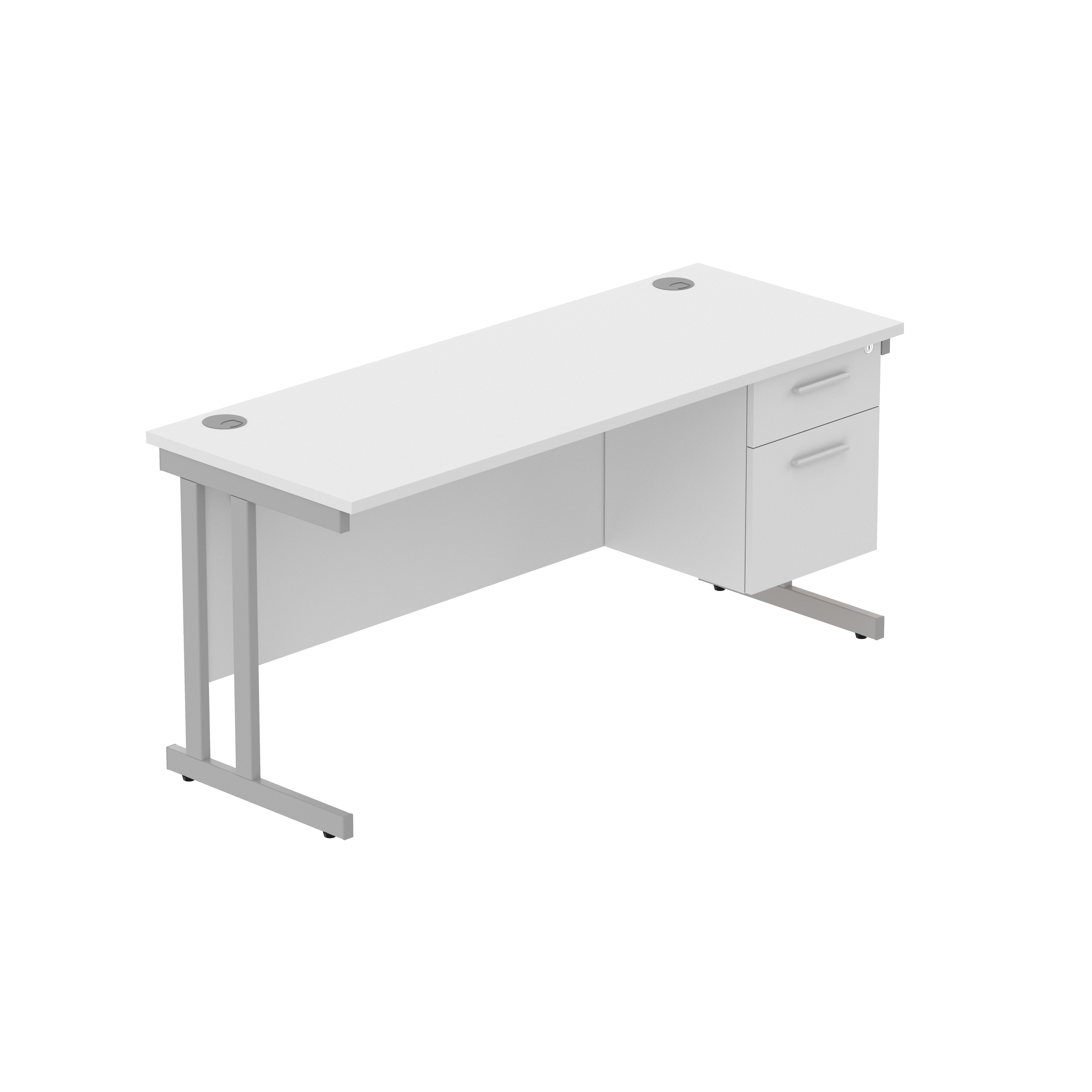 Office Rectangular Desk with Steel Double Upright Cantilever Legs + 2 Drawer Fixed Pedestal (FSC) | 1600X600 | Arctic White/Silver