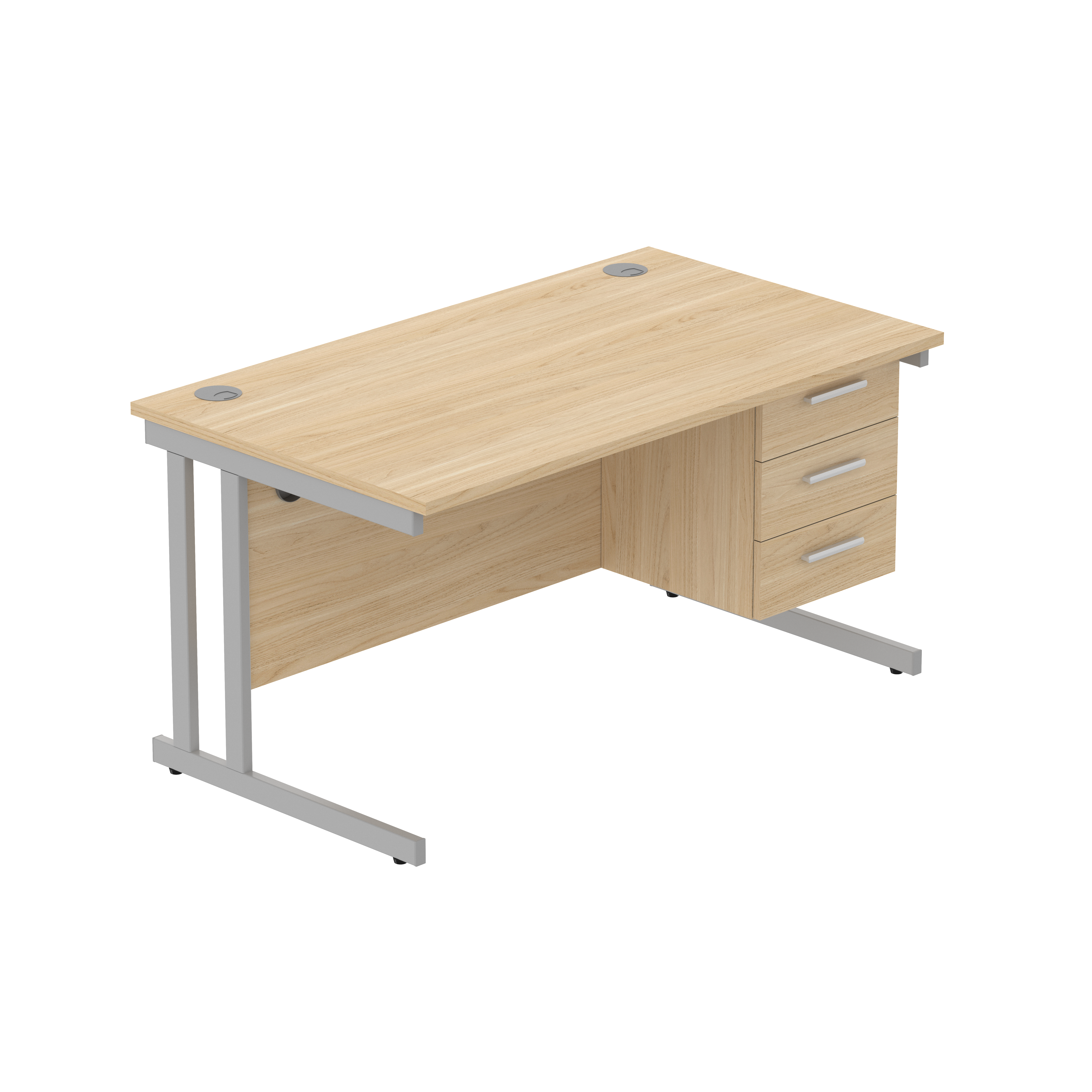 Office Rectangular Desk with Steel Double Upright Cantilever Legs + 3 Drawer Fixed Pedestal (FSC) | 1400X800 | Canadian Oak/Silver thumbnail 2
