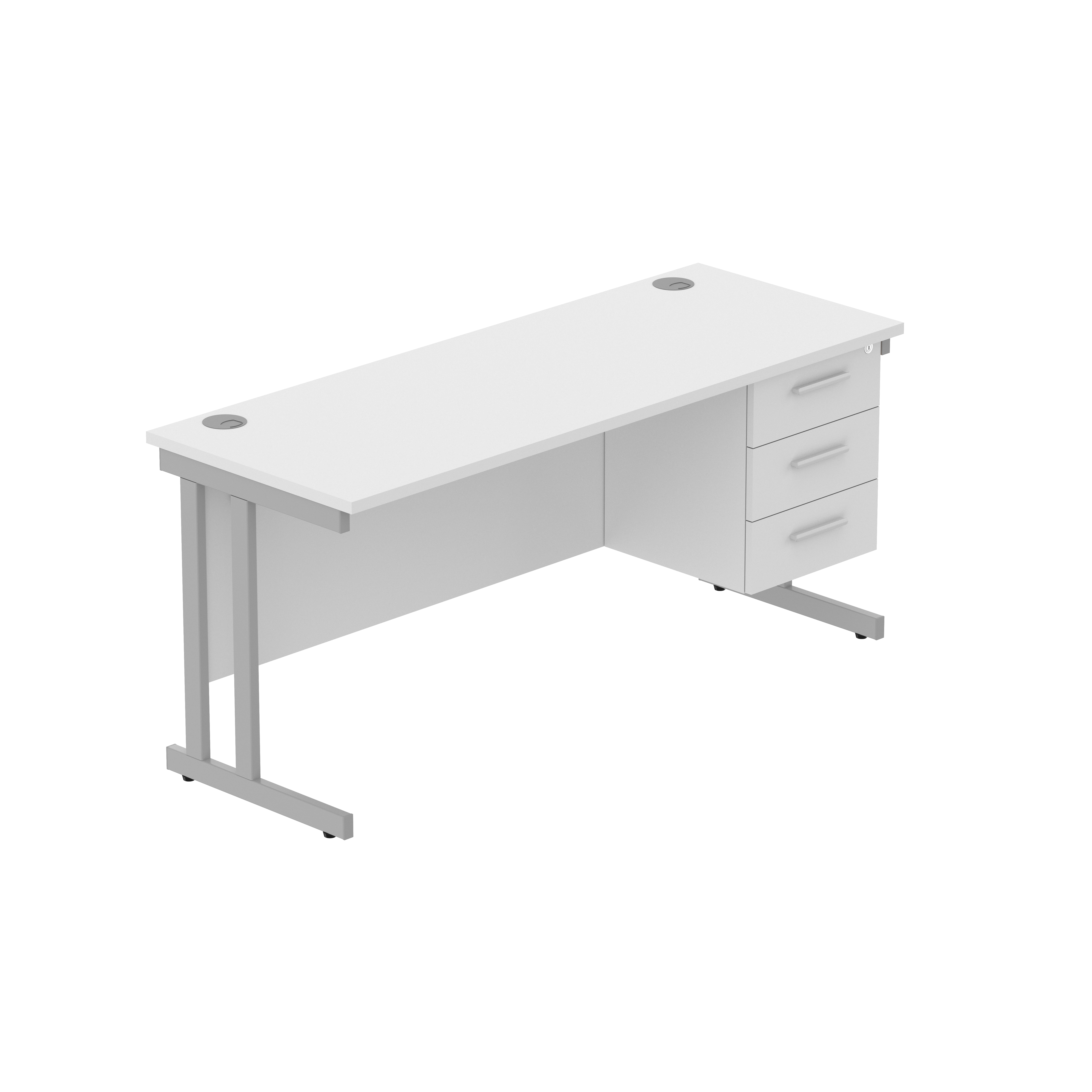 Office Rectangular Desk with Steel Double Upright Cantilever Legs + 3 Drawer Fixed Pedestal (FSC) | 1600X600 | Arctic White/Silver