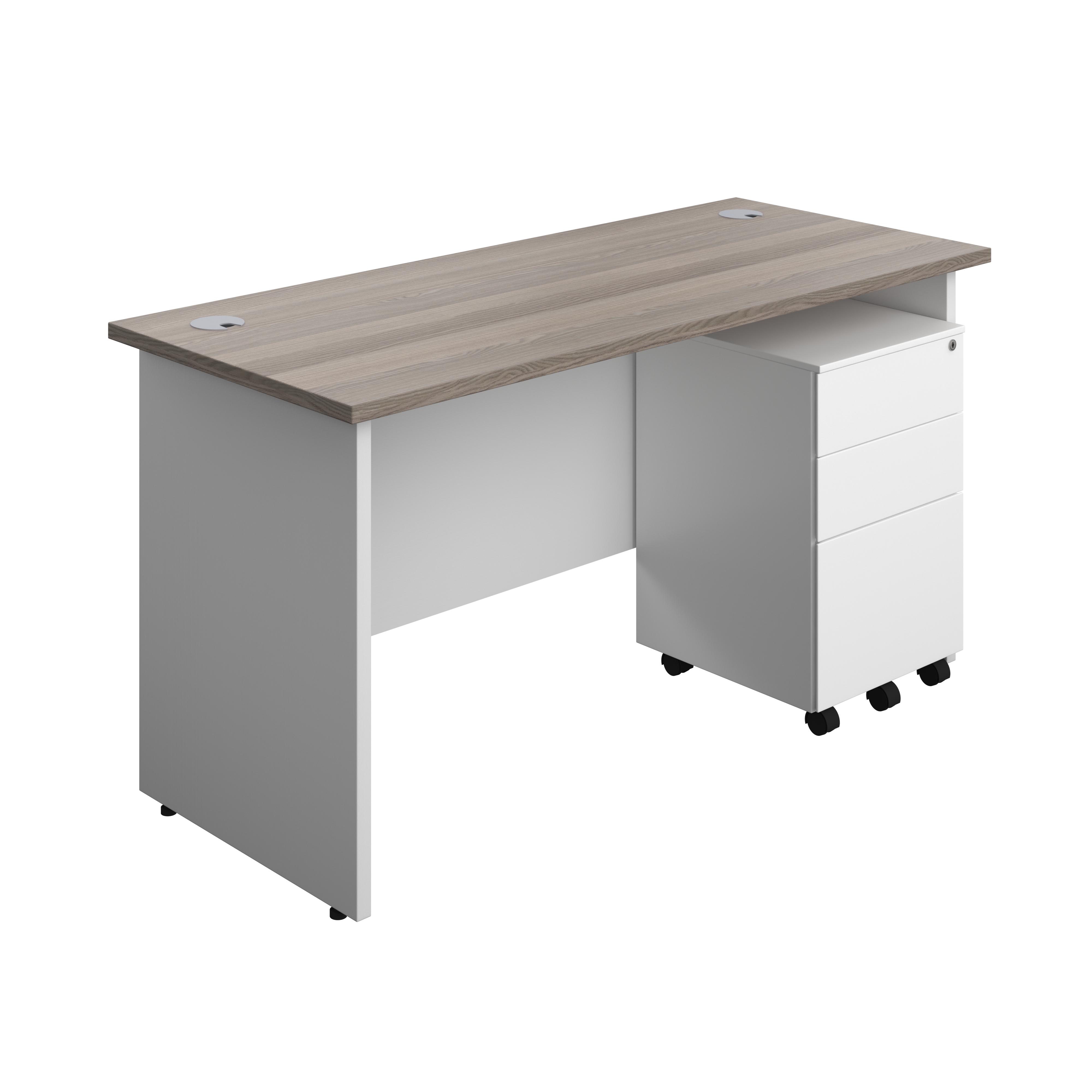 Panel Plus Rectangular Desk + 3 Drawer Steel Pedestal Bundle (FSC) | 1400X600 | Grey Oak/White