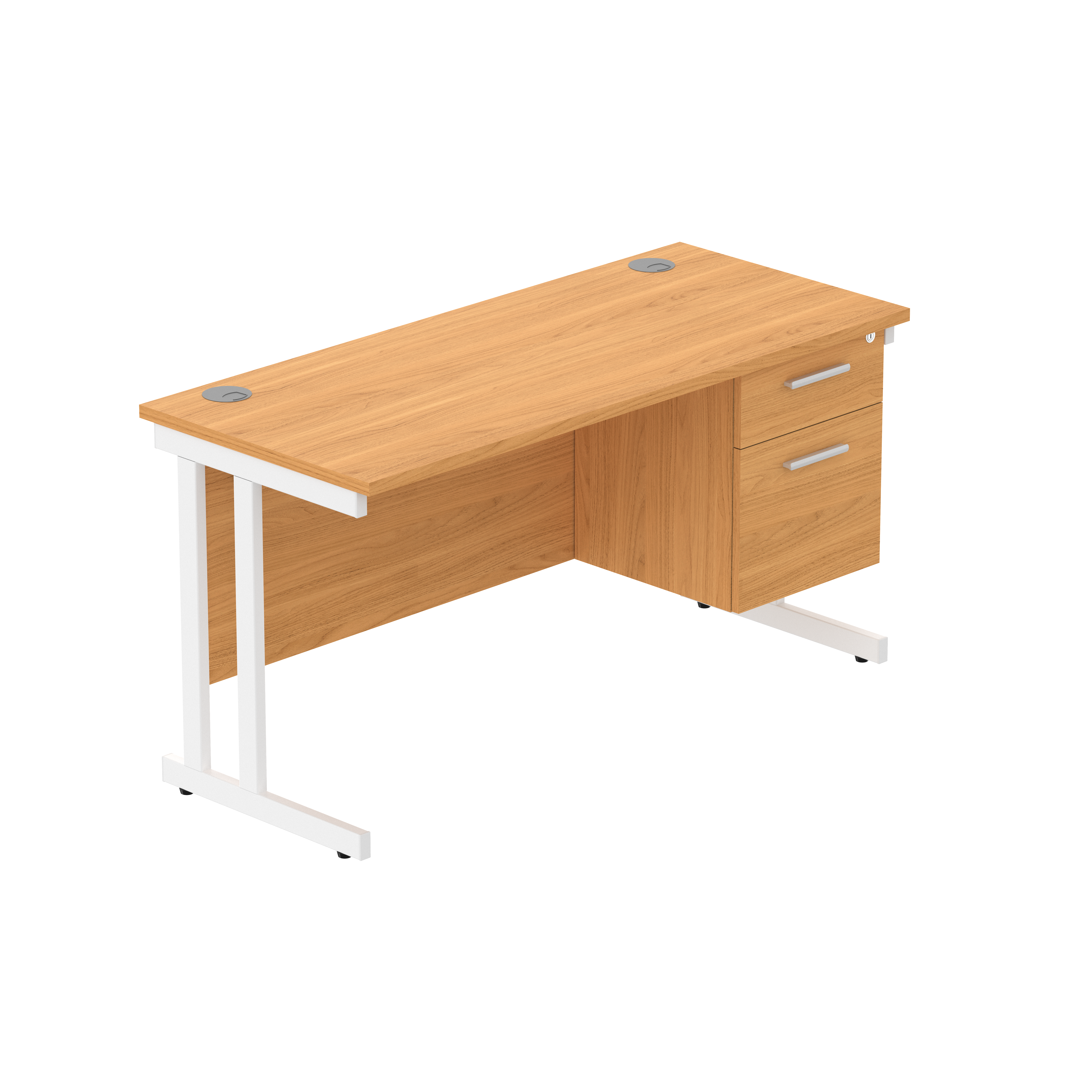 Office Rectangular Desk with Steel Double Upright Cantilever Legs + 2 Drawer Fixed Pedestal (FSC) | 1400X600 | Norwegian Beech/White