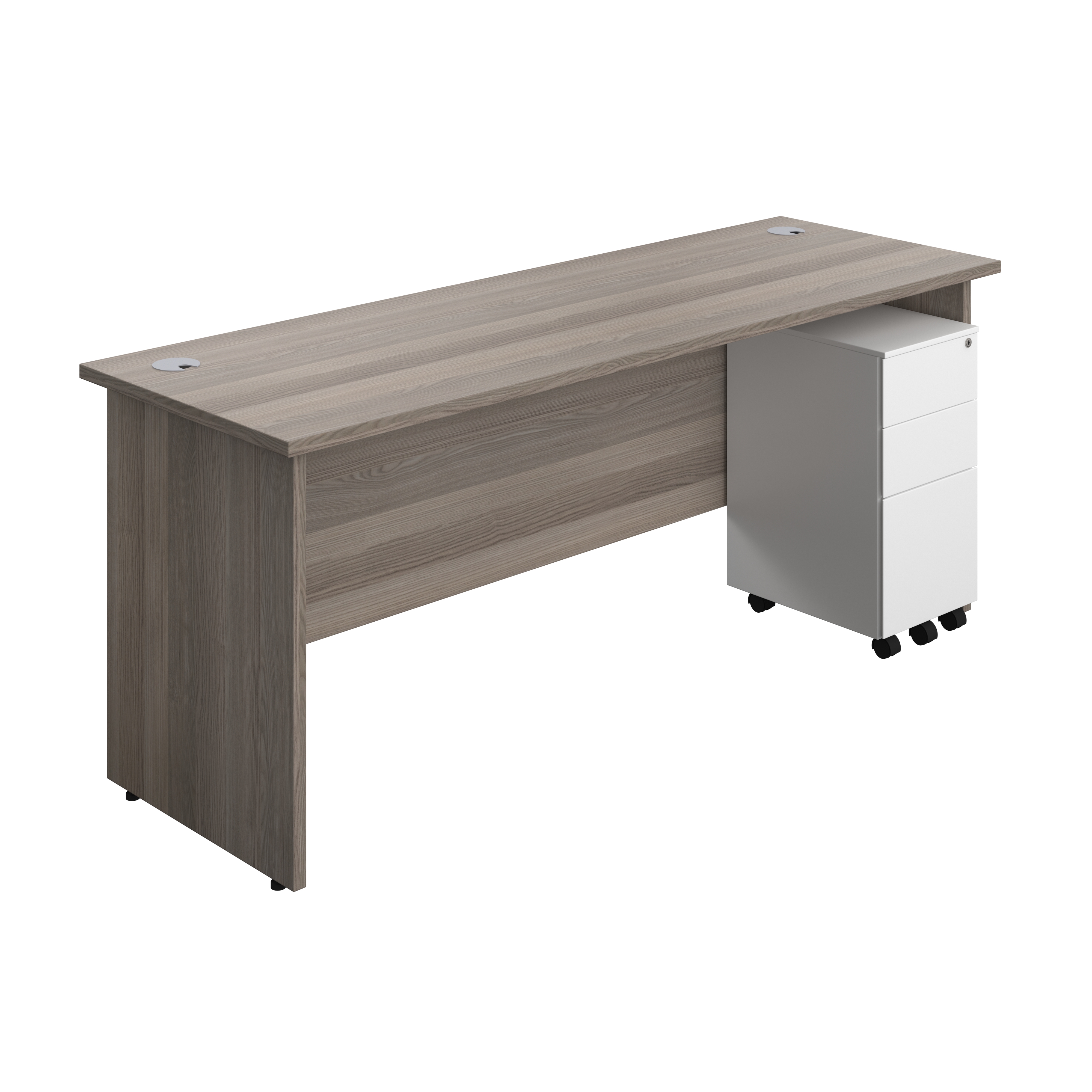 Panel Rectangular Desk + 3 Drawer Slimline Steel Pedestal Bundle (FSC) | 1800X600 | Grey Oak/White