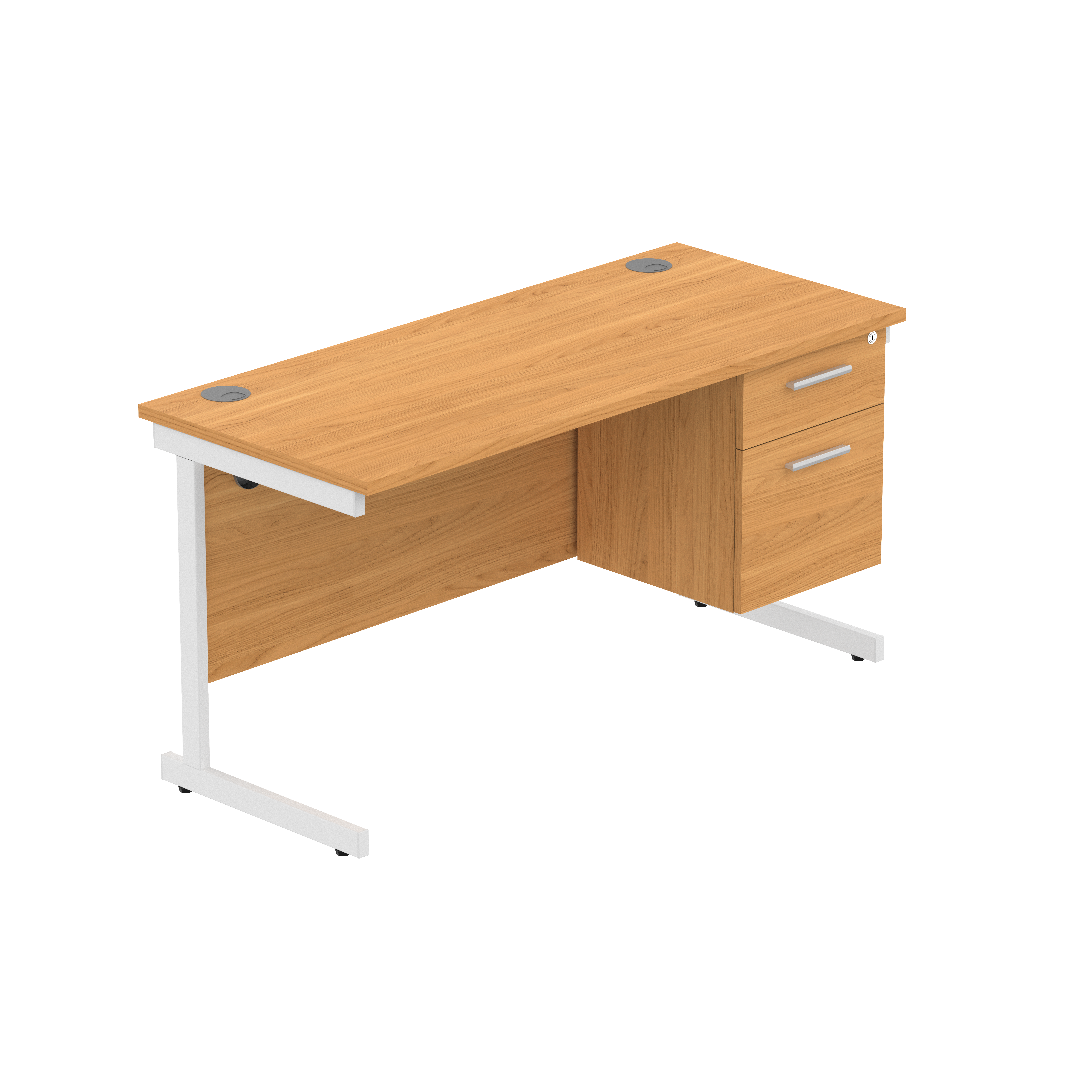 Office Rectangular Desk with Steel Single Upright Cantilever Legs + 2 Drawer Fixed Pedestal (FSC) | 1400X600 | Norwegian Beech/White