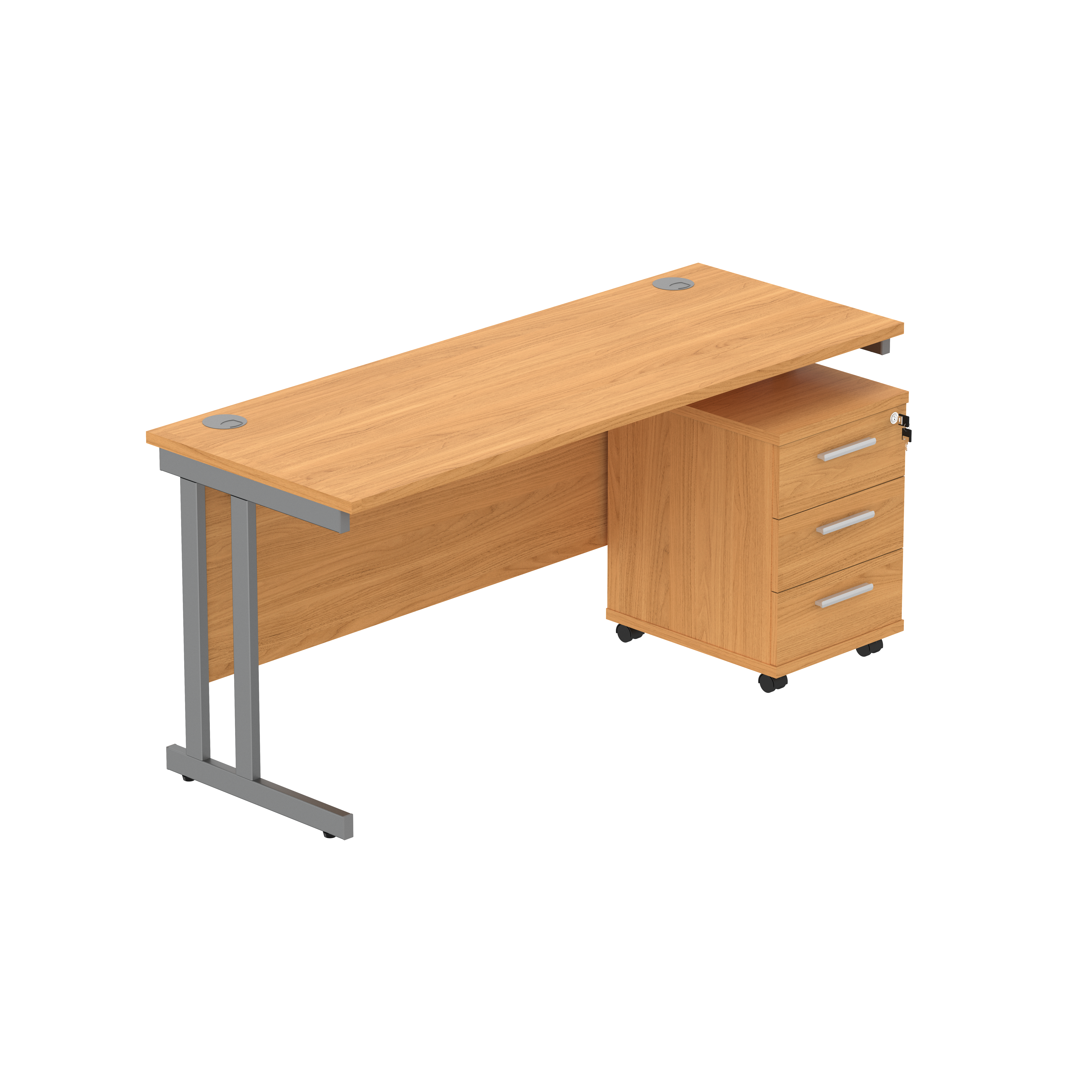 Double Upright Rectangular Desk + 3 Drawer Mobile Under Desk Pedestal (FSC) | 1600X600 | Norwegian Beech/Graphite
