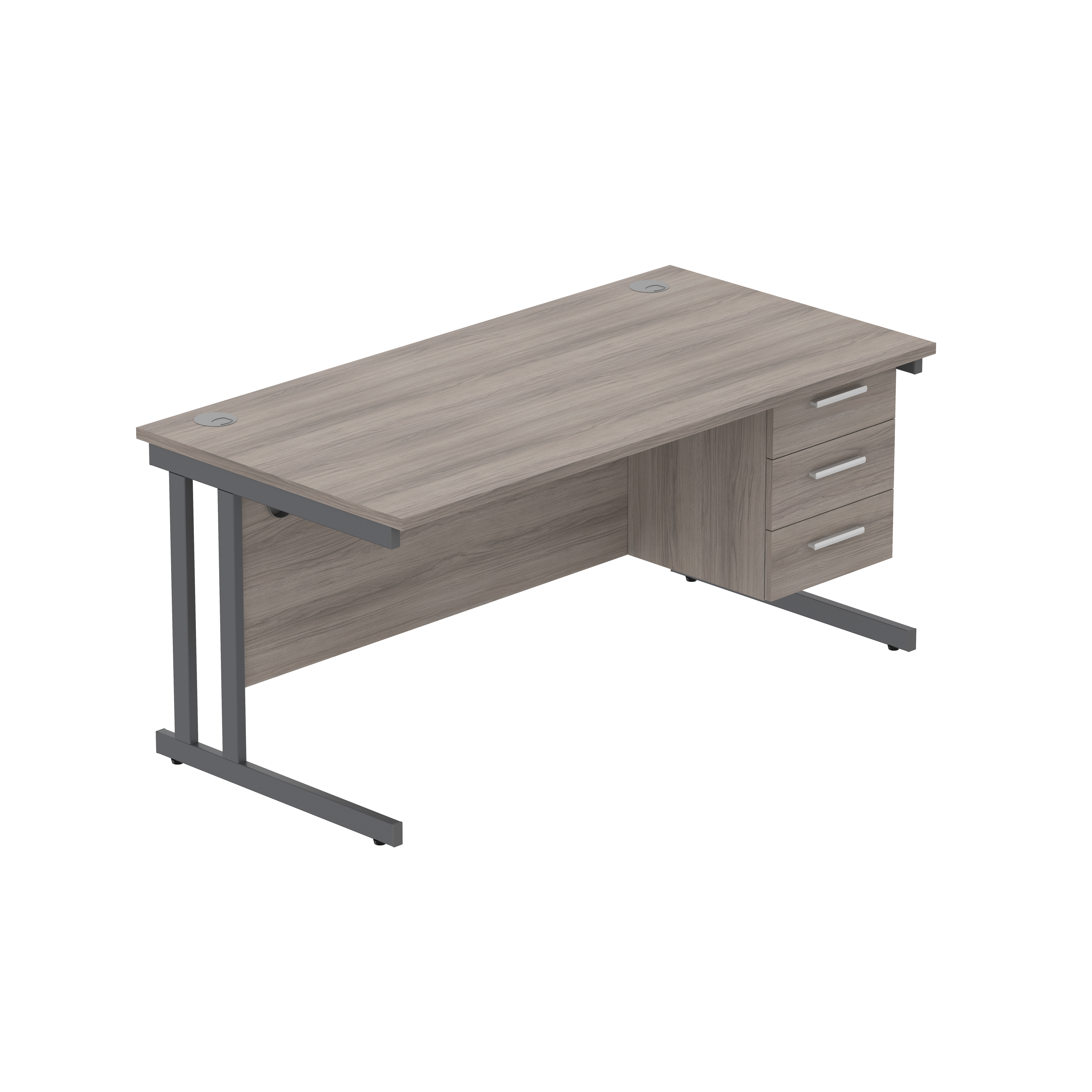 Office Rectangular Desk with Steel Double Upright Cantilever Legs + 3 Drawer Fixed Pedestal (FSC) | 1600X800 | Alaskan Grey Oak/Graphite thumbnail 2
