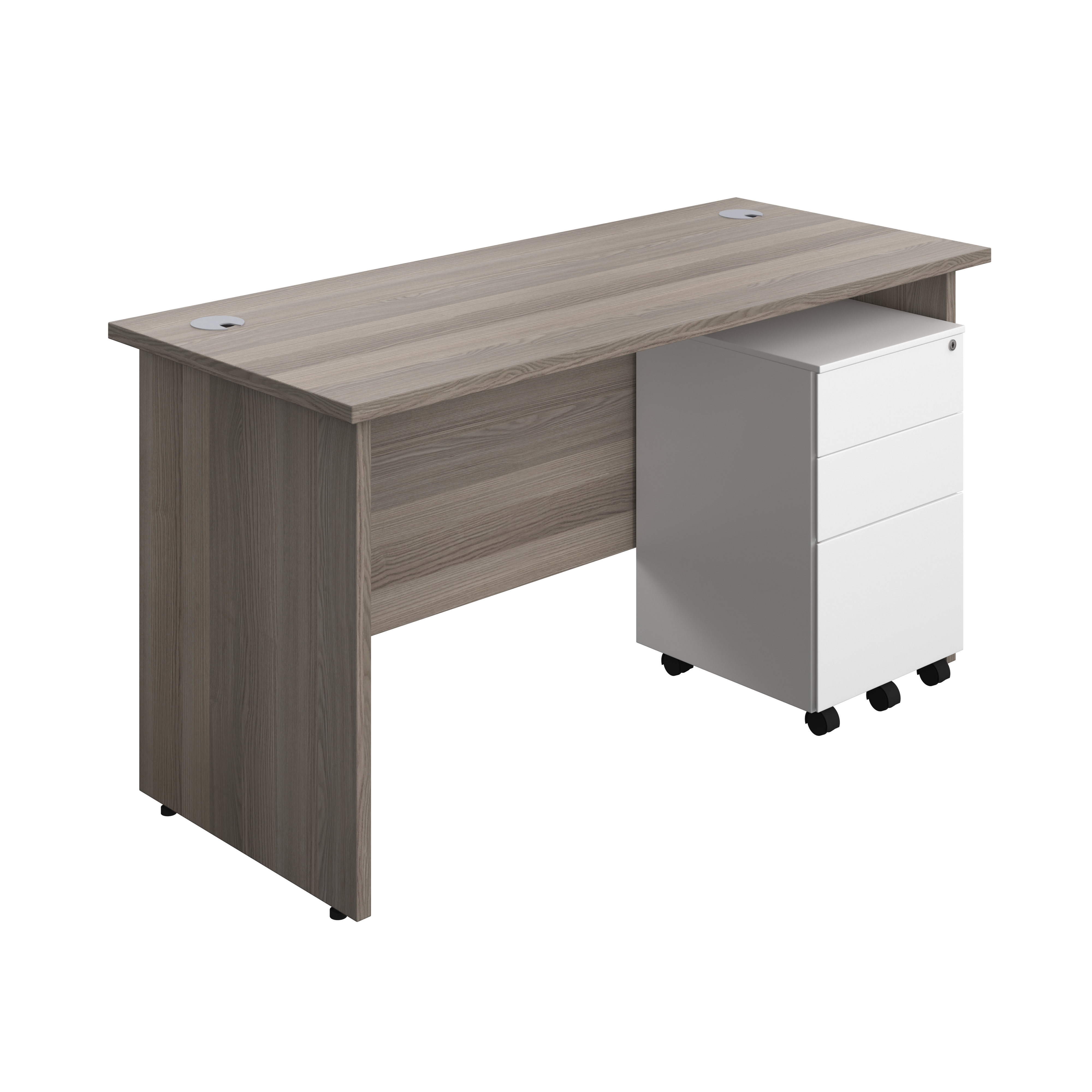 Panel Rectangular Desk + 3 Drawer Steel Pedestal Bundle (FSC) | 1400X600 | Grey Oak/White