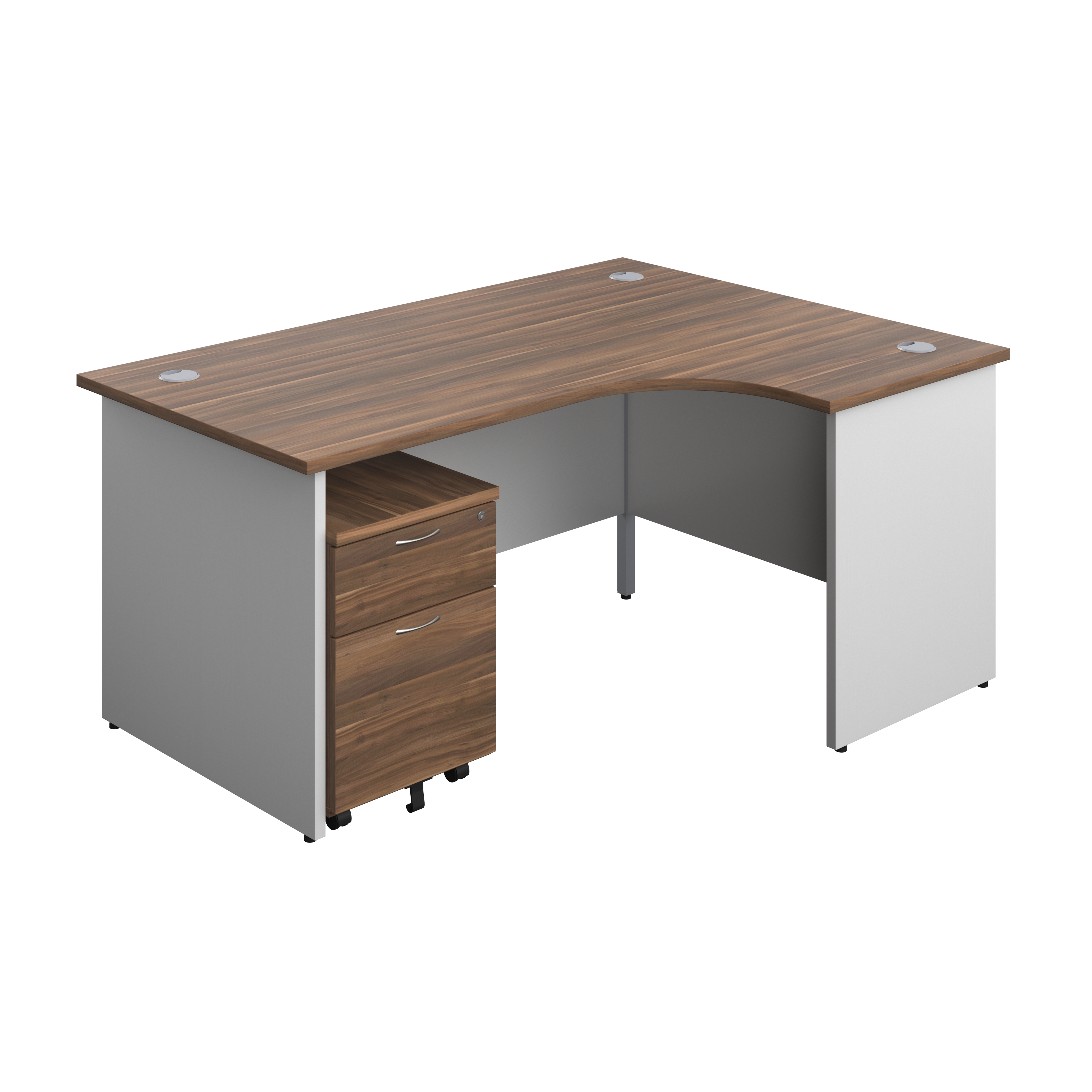 Panel Plus Right Radial Desk + 2 Drawer Mobile Pedestal Bundle (FSC) | 1600X1200 | Dark Walnut/White