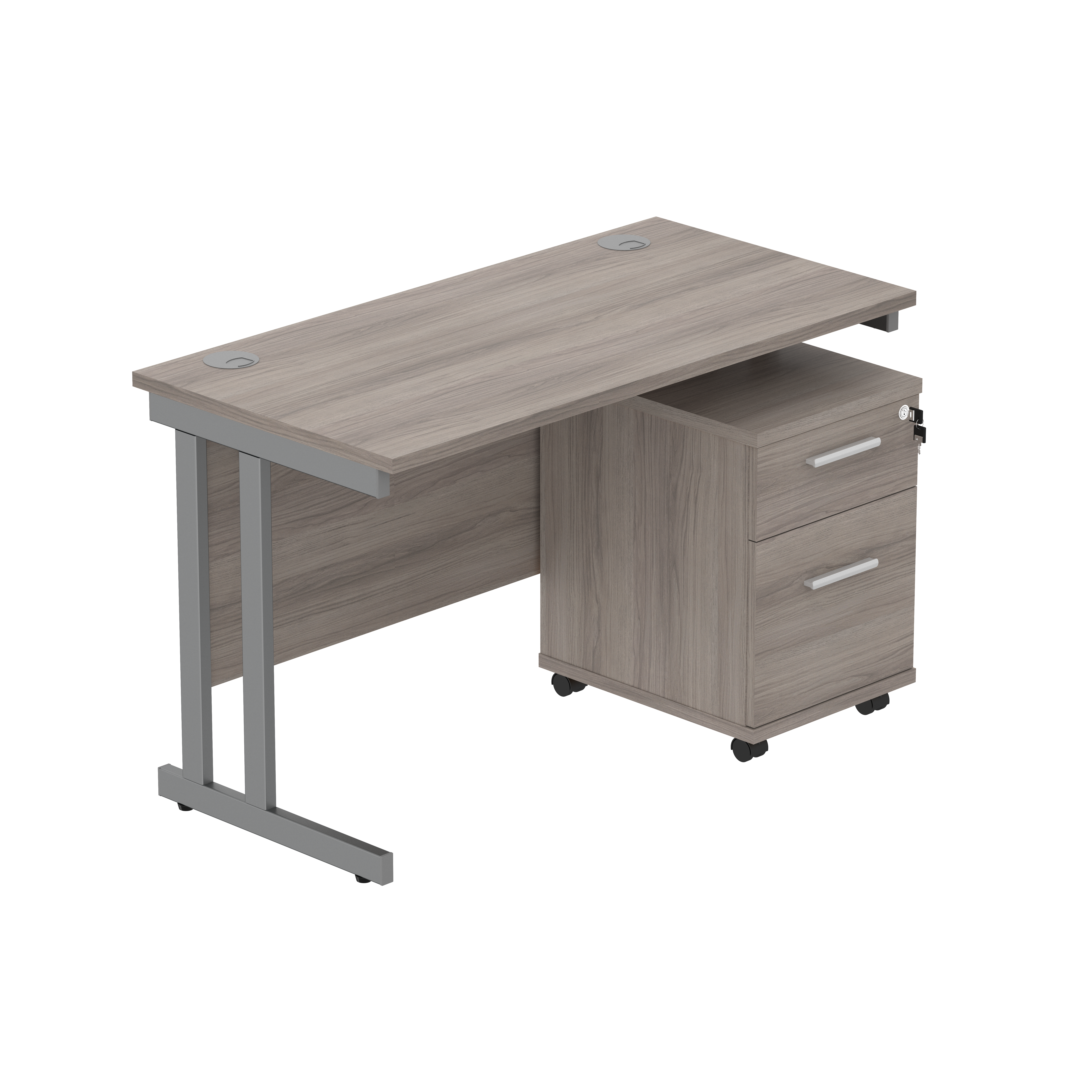 Double Upright Rectangular Desk + 2 Drawer Mobile Under Desk Pedestal (FSC) | 1200X600 | Alaskan Grey Oak/Graphite