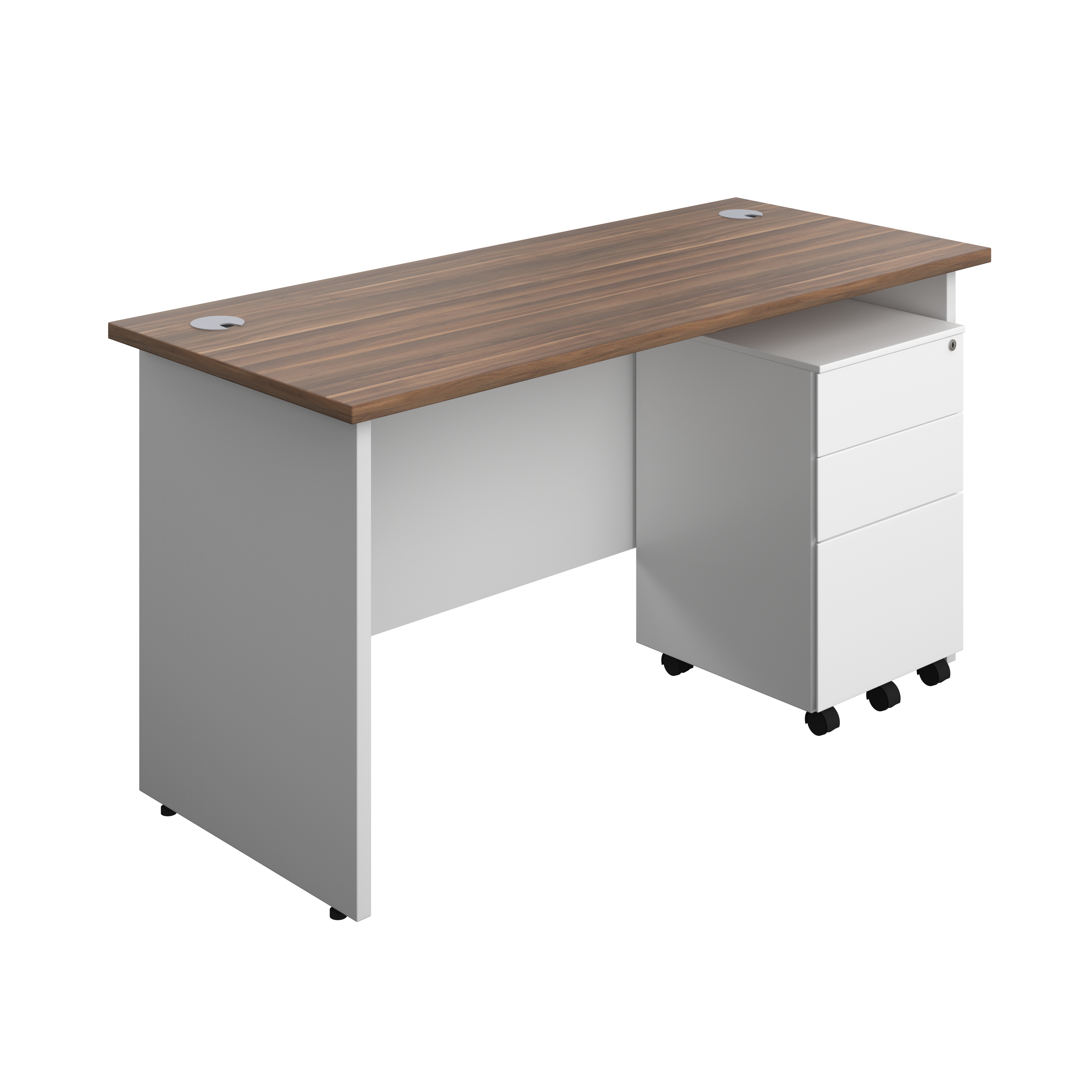 Panel Plus Rectangular Desk + 3 Drawer Steel Pedestal Bundle (FSC) | 1400X600 | Dark Walnut/White