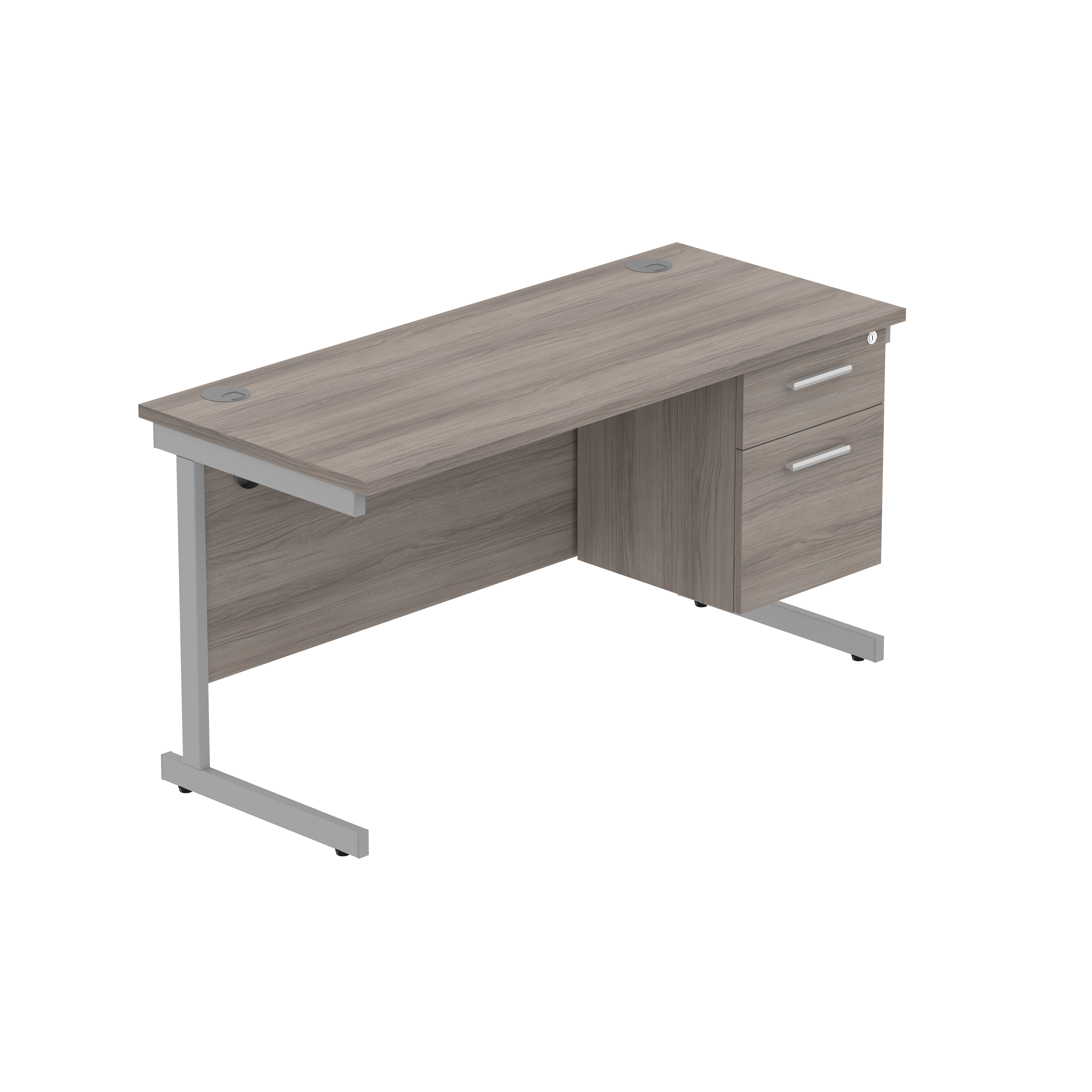 Office Rectangular Desk with Steel Single Upright Cantilever Legs + 2 Drawer Fixed Pedestal (FSC) | 1400X600 | Alaskan Grey Oak/Silver