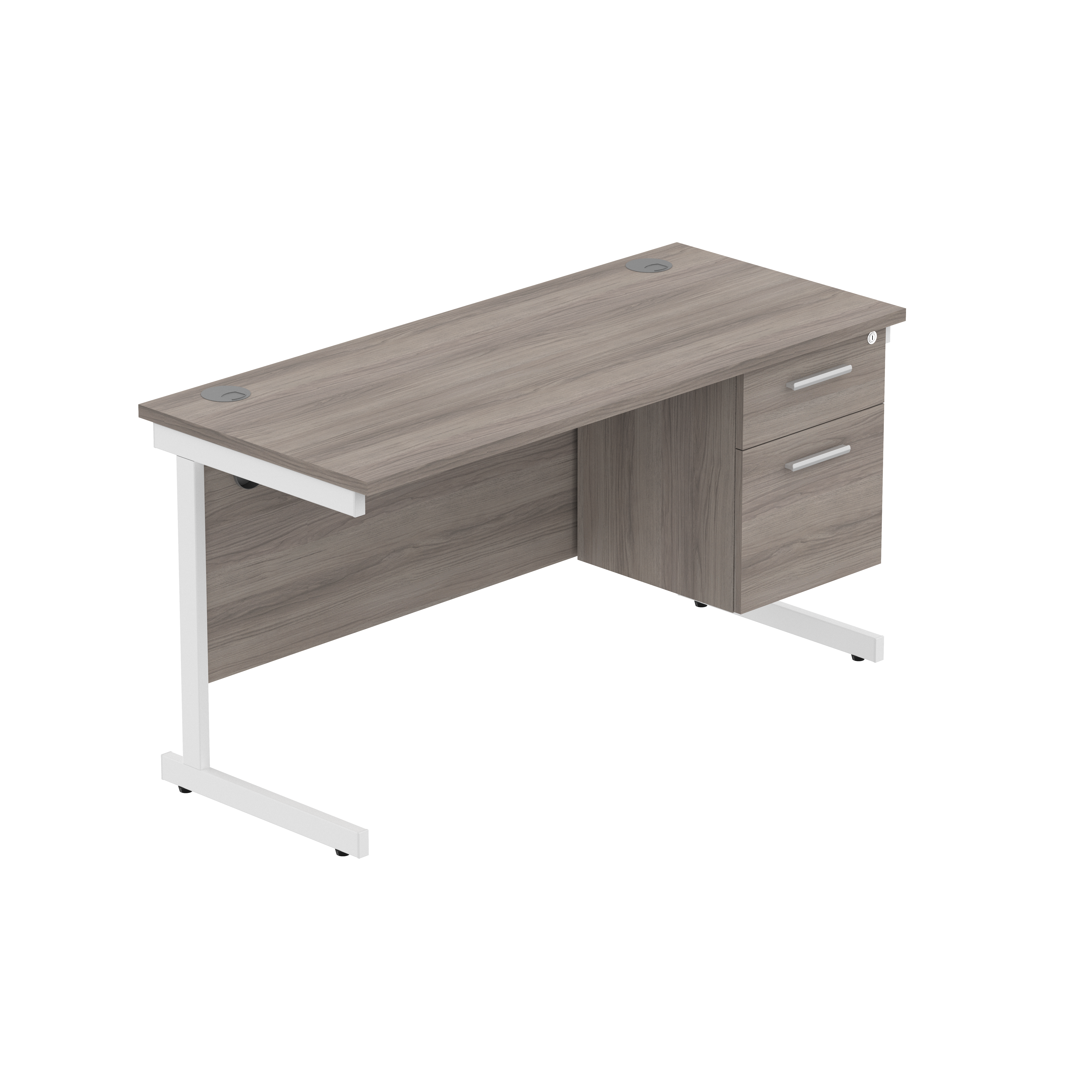 Office Rectangular Desk with Steel Single Upright Cantilever Legs + 2 Drawer Fixed Pedestal (FSC) | 1400X600 | Alaskan Grey Oak/White