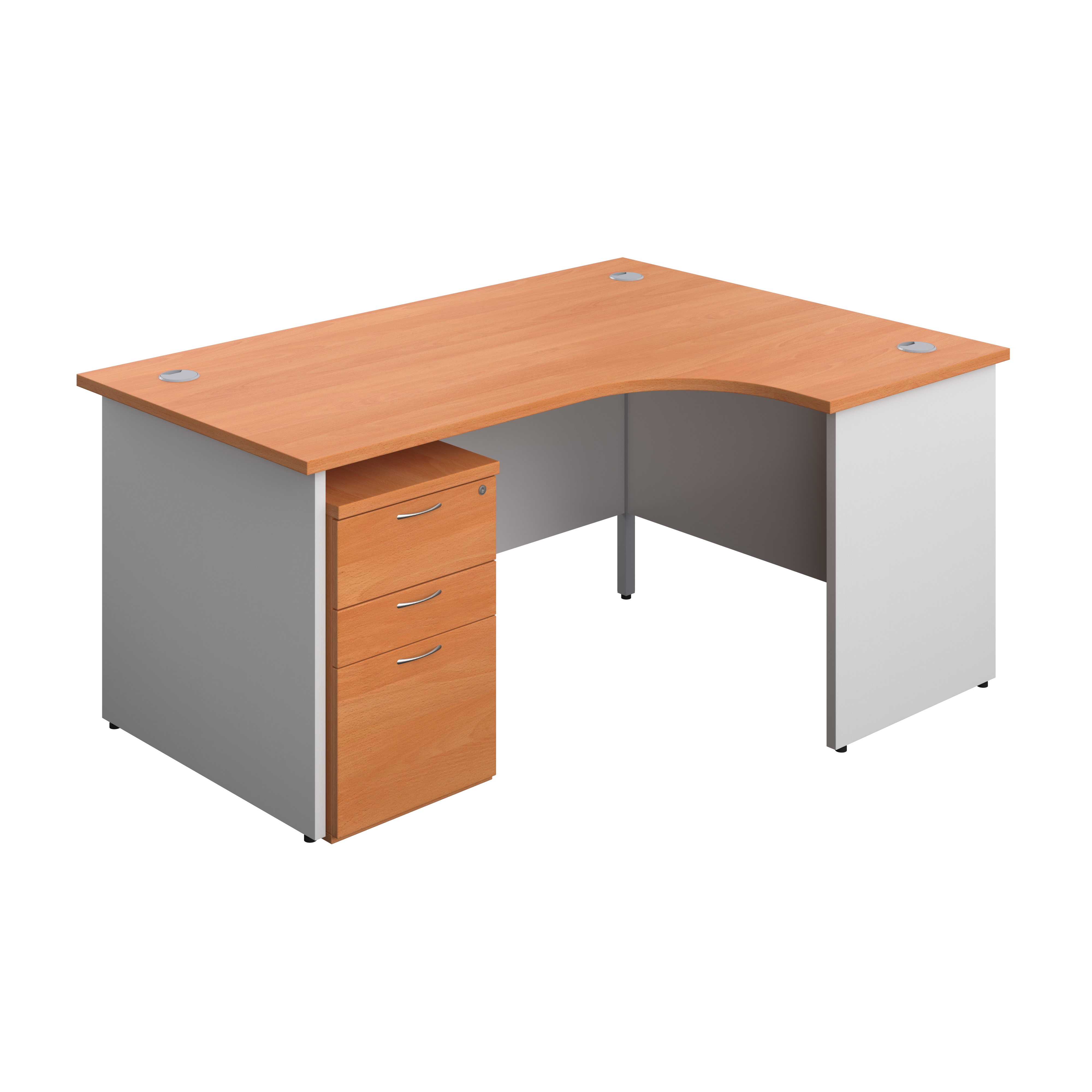 Panel Plus Right Radial Desk + 3 Drawer High Mobile Pedestal Bundle (FSC) | 1600X1200 | Beech/White