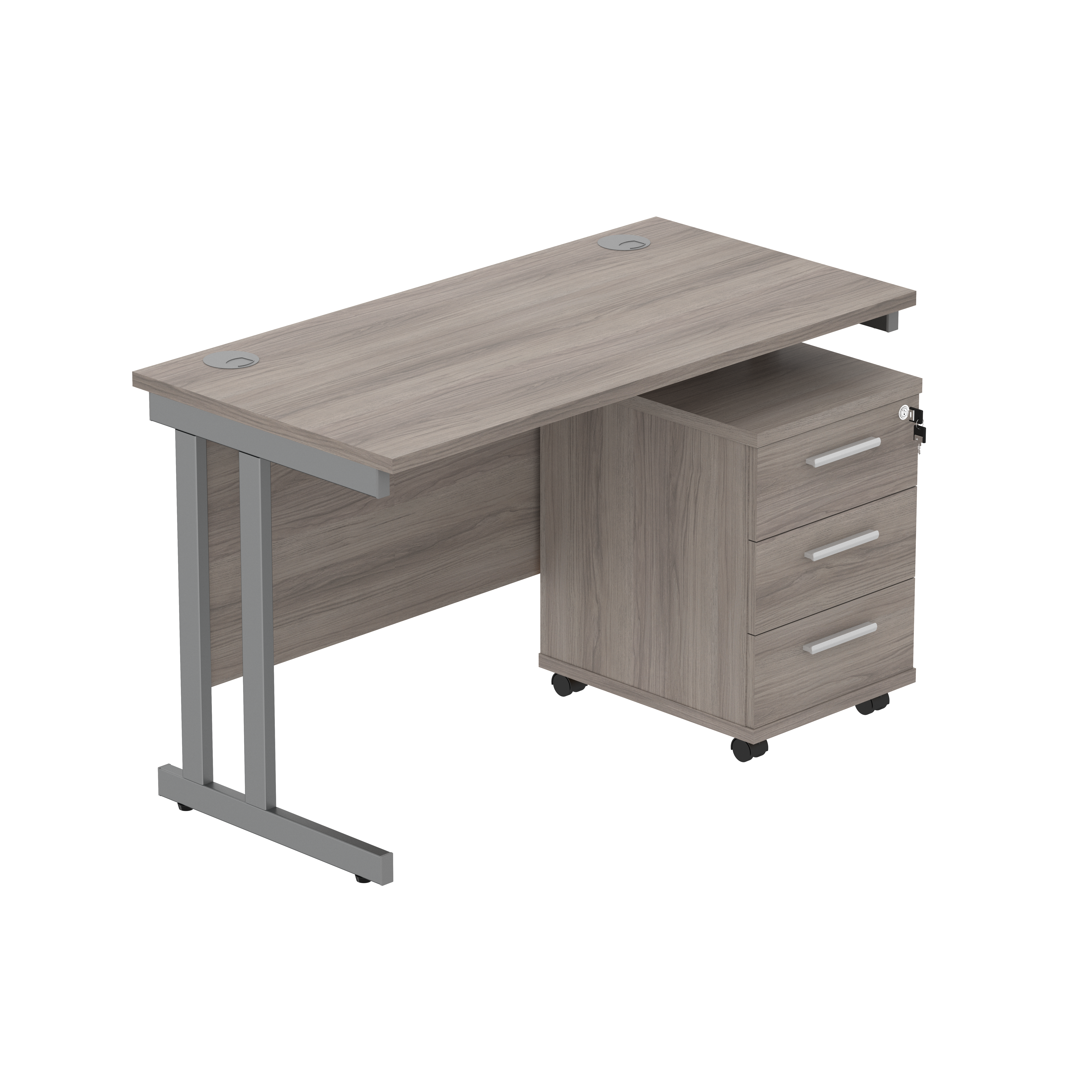 Double Upright Rectangular Desk + 3 Drawer Mobile Under Desk Pedestal (FSC) | 1200X600 | Alaskan Grey Oak/Graphite