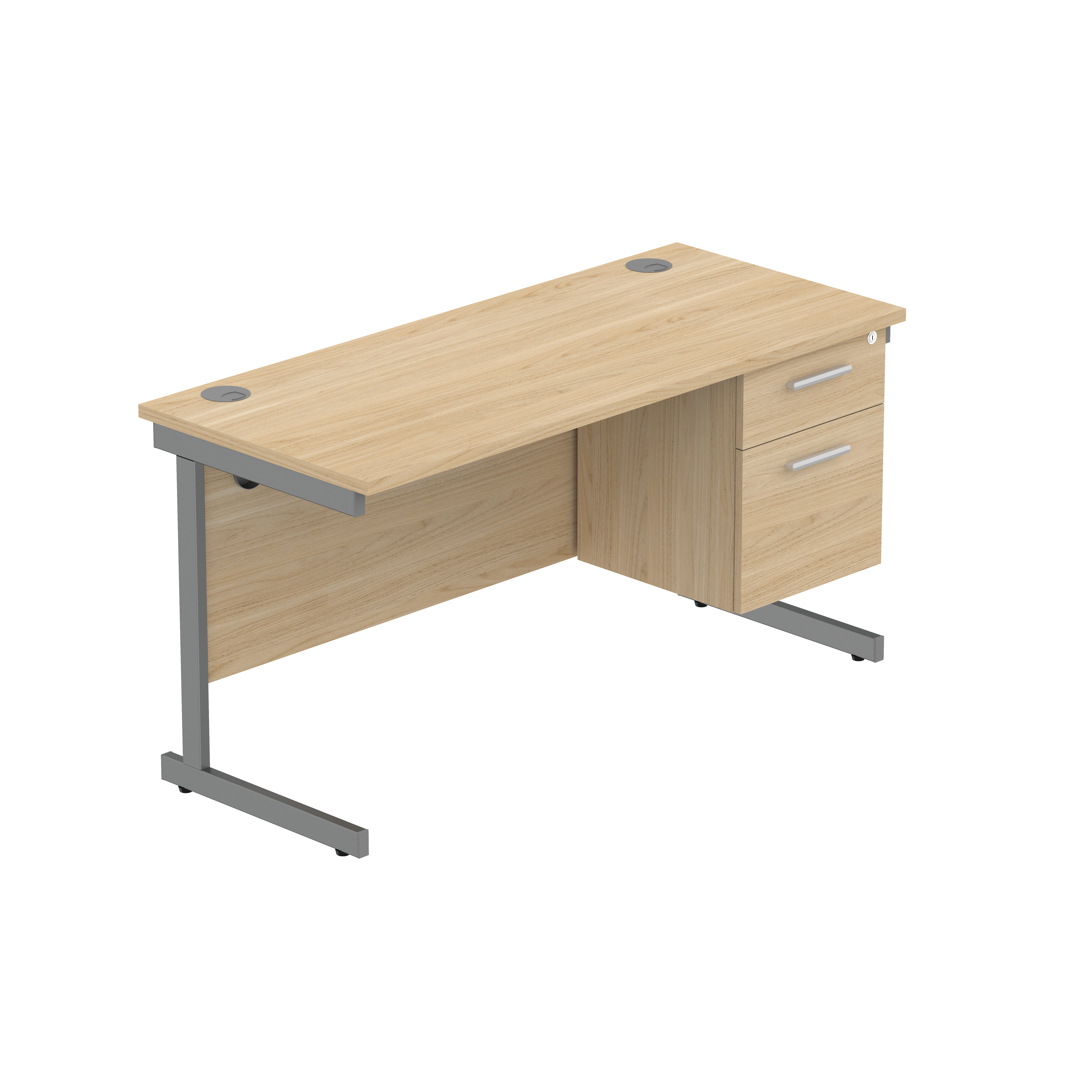 Office Rectangular Desk with Steel Single Upright Cantilever Legs + 2 Drawer Fixed Pedestal (FSC) | 1400X600 | Canadian Oak/Graphite