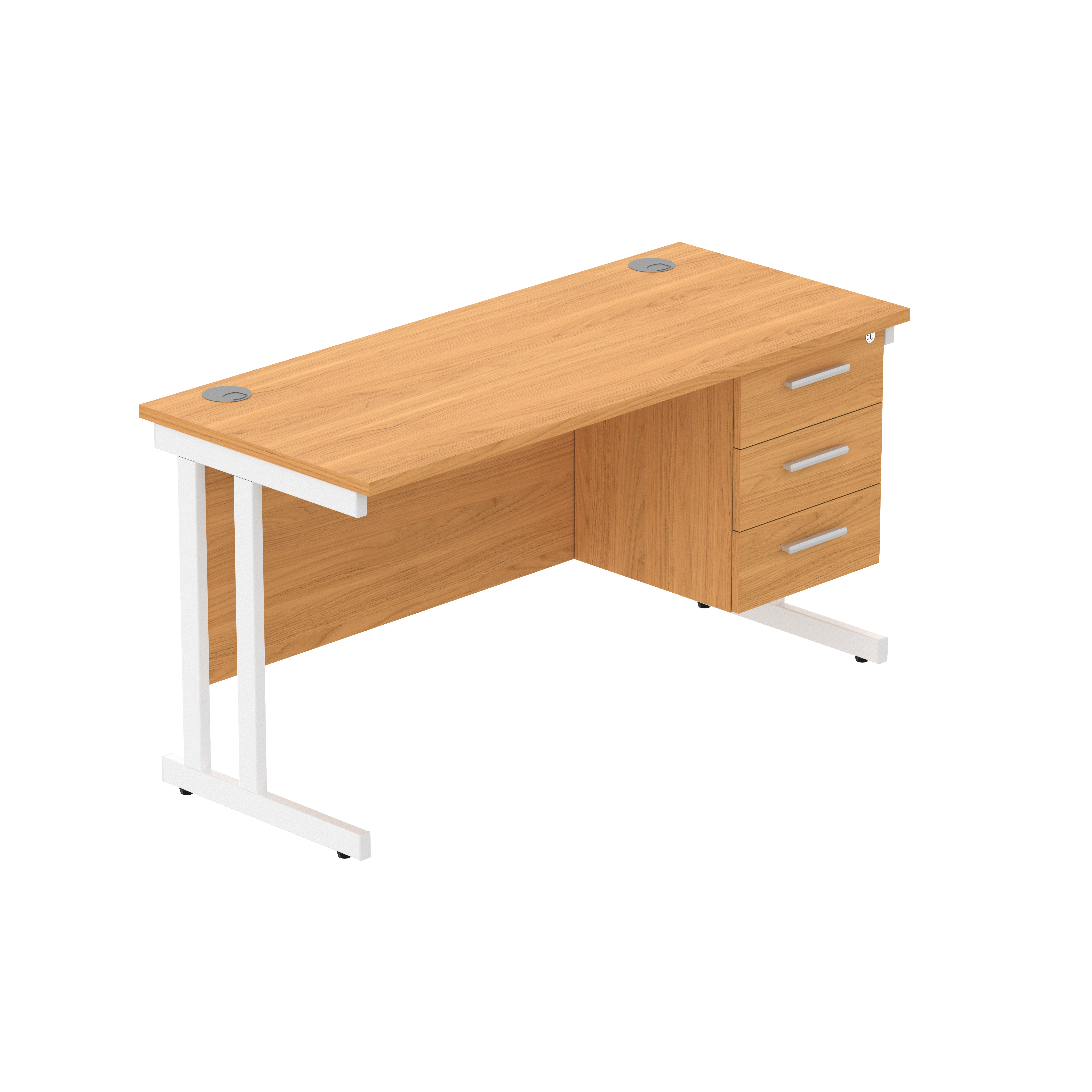Office Rectangular Desk with Steel Double Upright Cantilever Legs + 3 Drawer Fixed Pedestal (FSC) | 1400X600 | Norwegian Beech/White