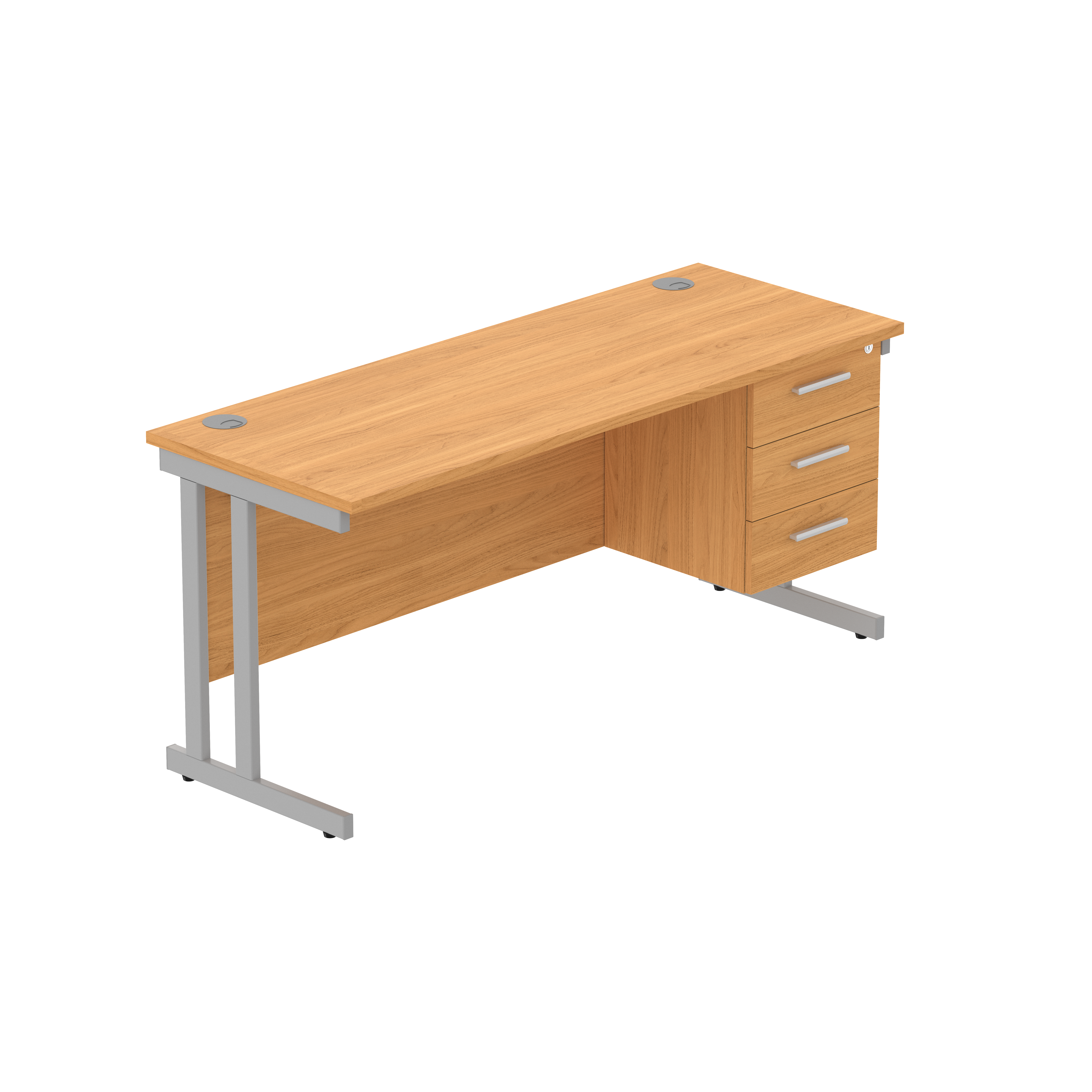 Office Rectangular Desk with Steel Double Upright Cantilever Legs + 3 Drawer Fixed Pedestal (FSC) | 1600X600 | Norwegian Beech/Silver