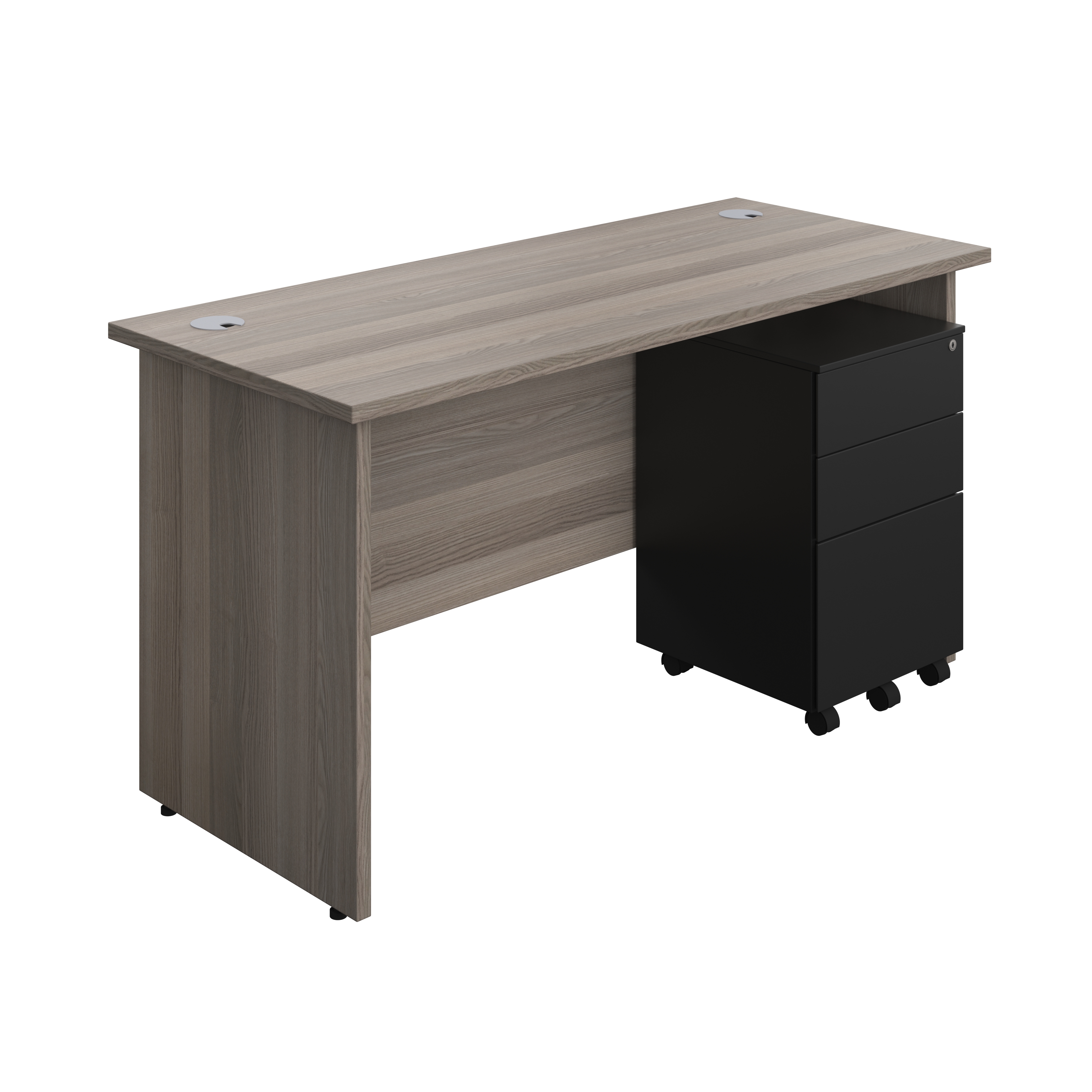 Panel Rectangular Desk + 3 Drawer Steel Pedestal Bundle (FSC) | 1400X600 | Grey Oak/Black