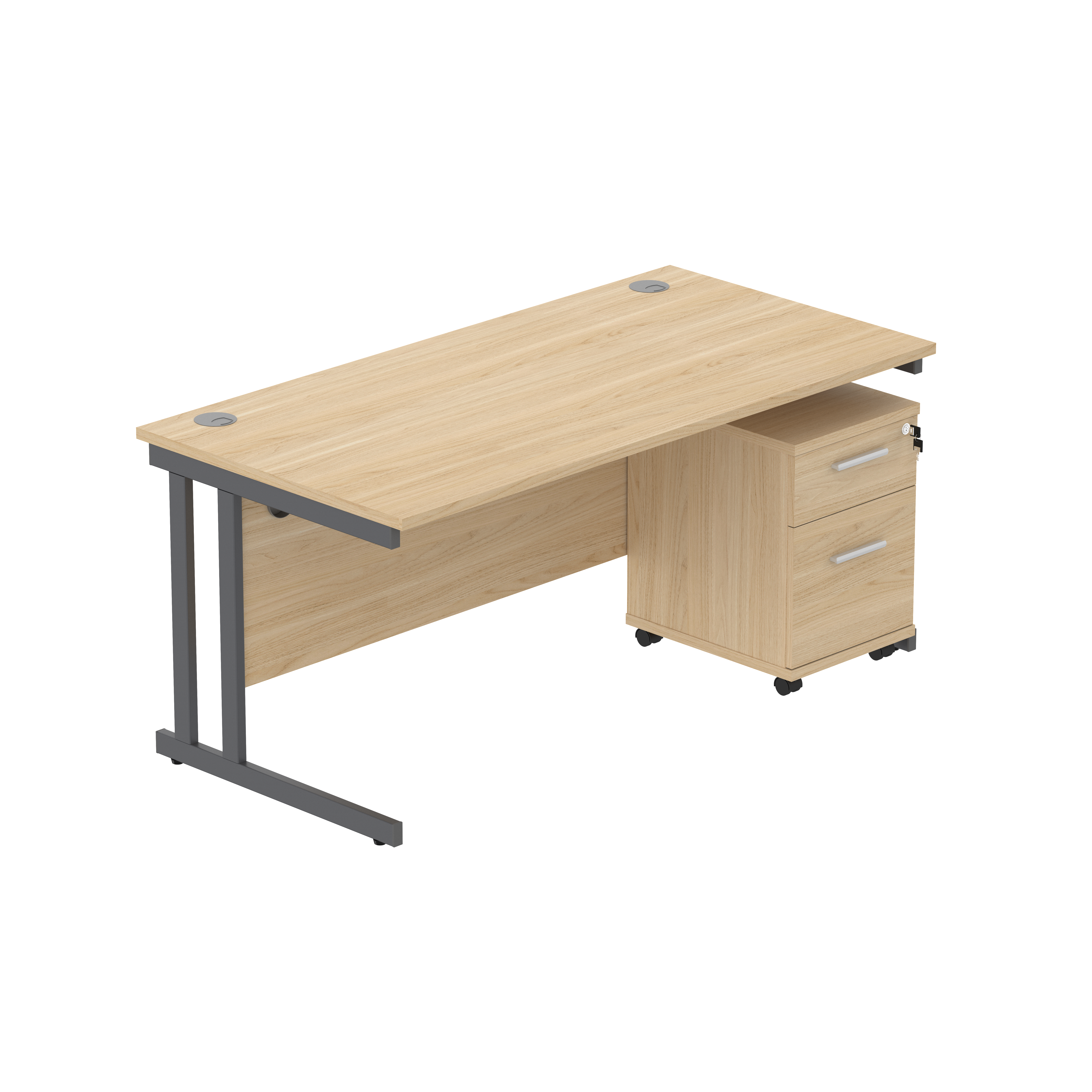 Double Upright Rectangular Desk + 2 Drawer Mobile Under Desk Pedestal (FSC) | 1600X800 | Canadian Oak/Graphite thumbnail 2