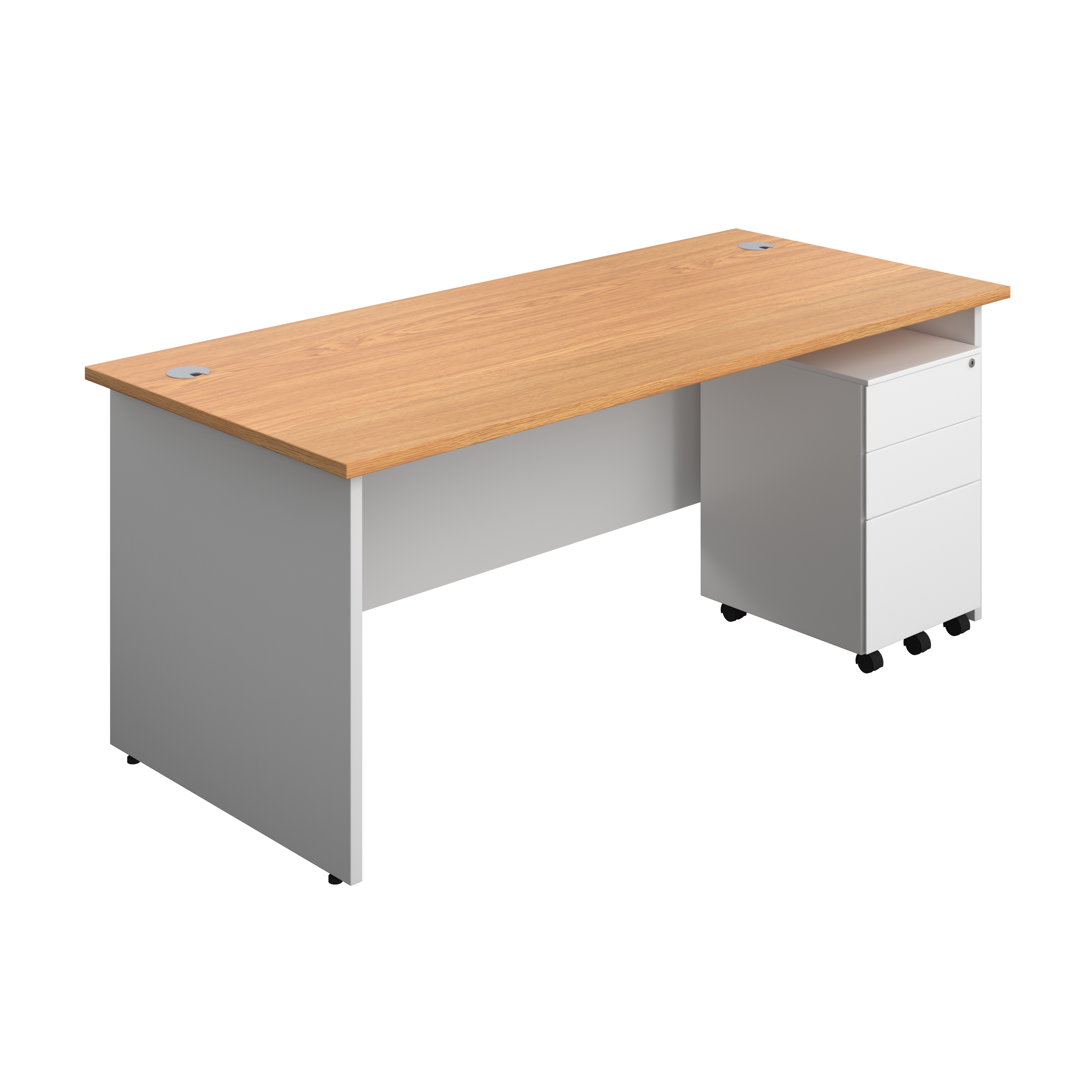 Panel Plus Rectangular Desk + 3 Drawer Steel Pedestal Bundle (FSC) | 1800X800 | Nova Oak/White