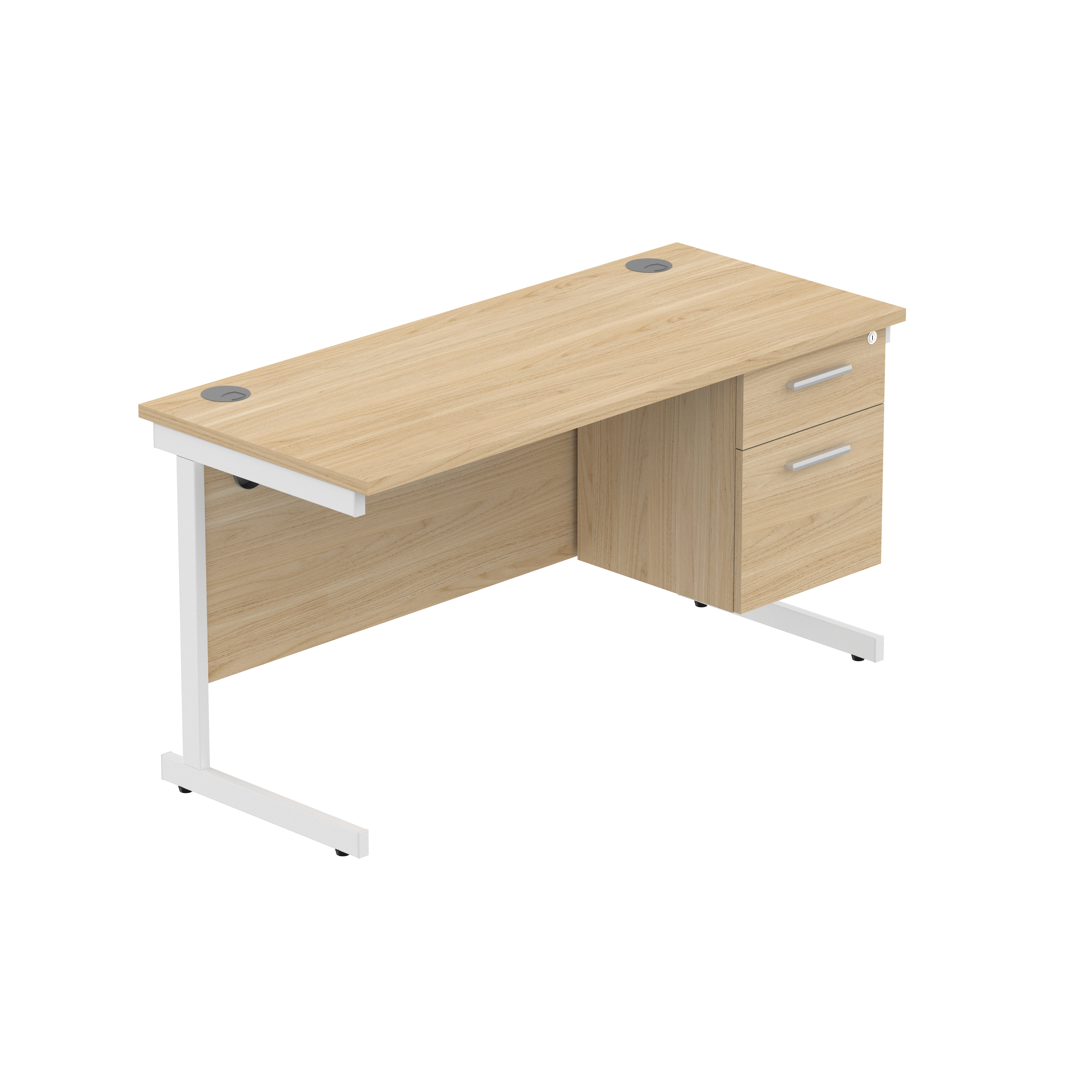 Office Rectangular Desk with Steel Single Upright Cantilever Legs + 2 Drawer Fixed Pedestal (FSC) | 1400X600 | Canadian Oak/White