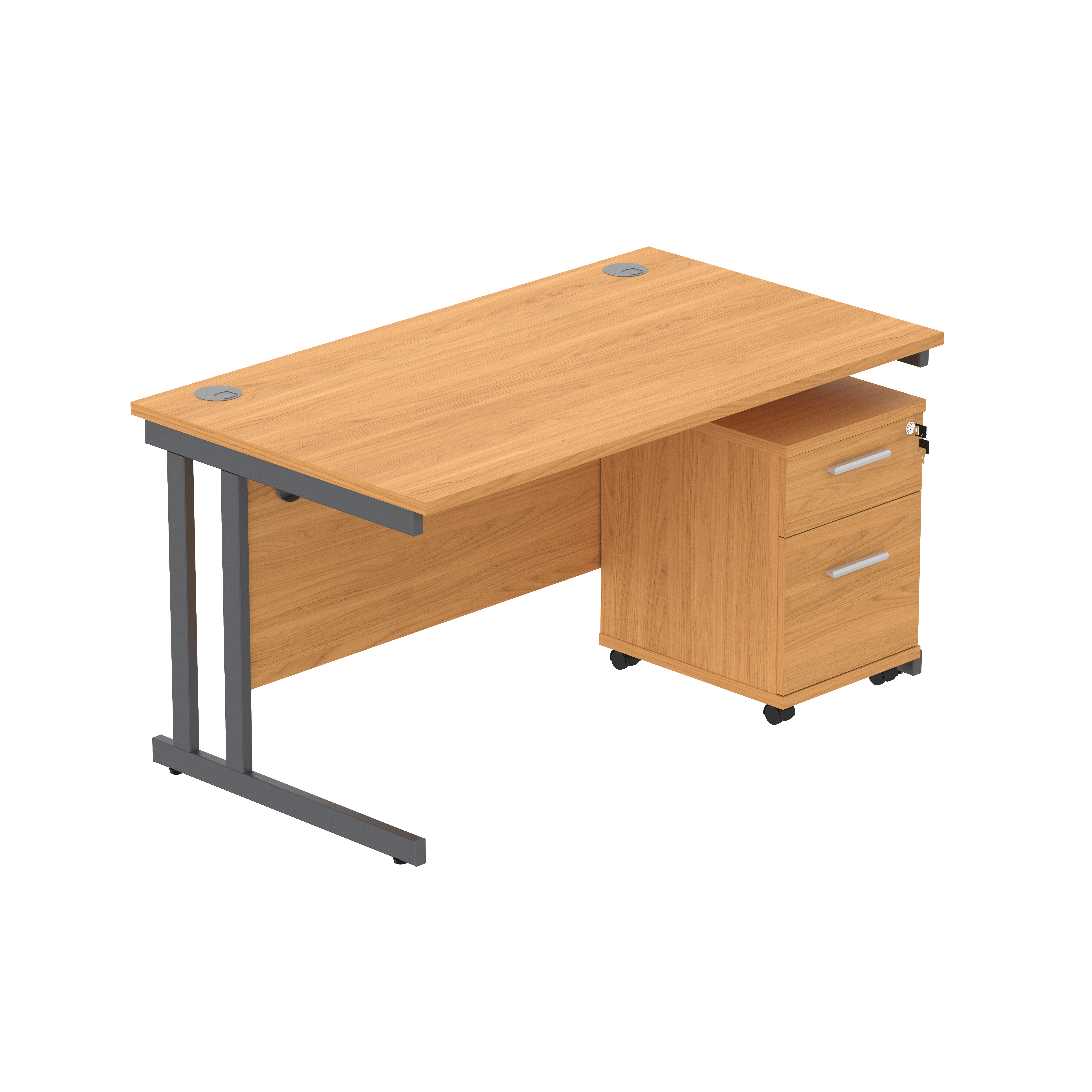 Double Upright Rectangular Desk + 2 Drawer Mobile Under Desk Pedestal (FSC) | 1400X800 | Norwegian Beech/Graphite thumbnail 2