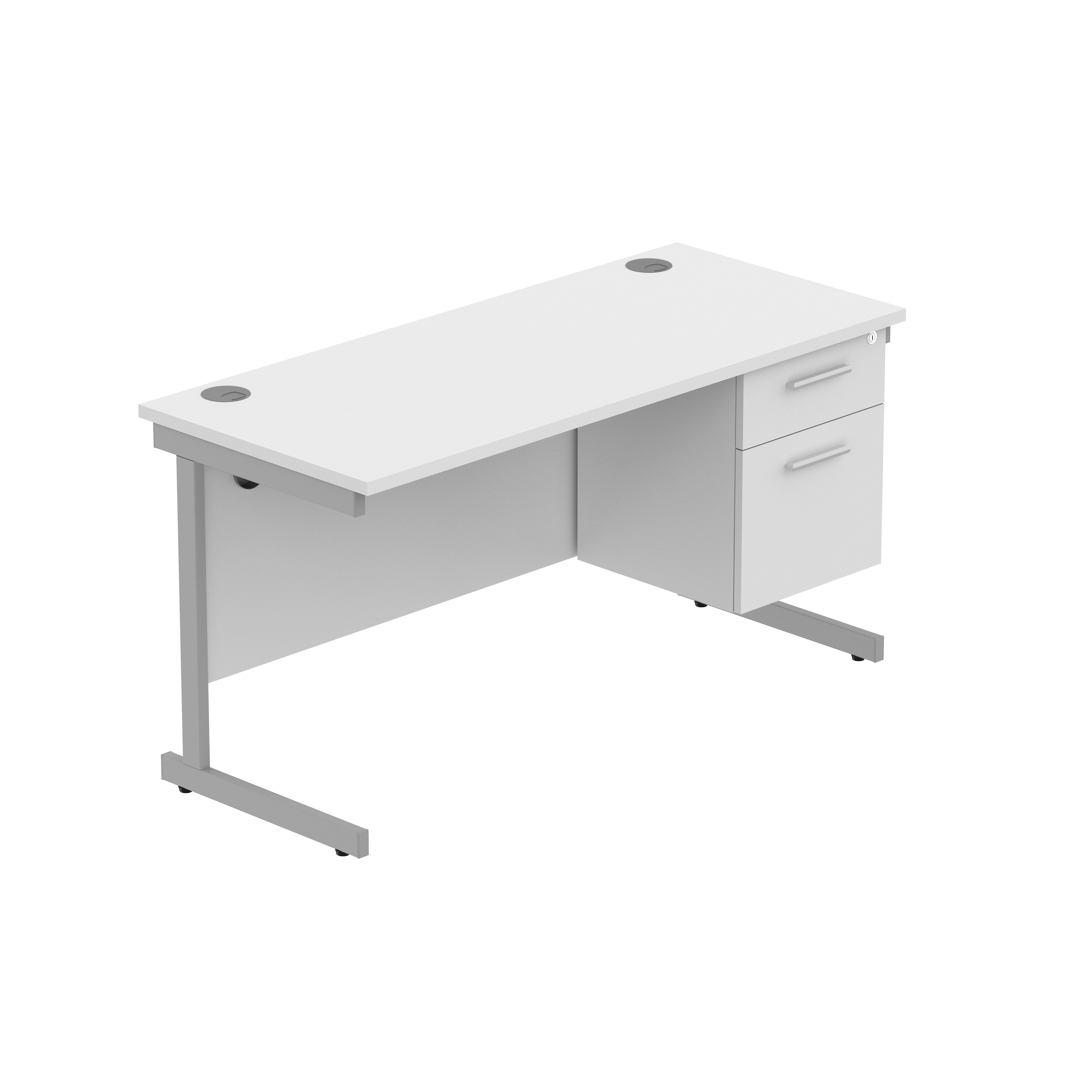 Office Rectangular Desk with Steel Single Upright Cantilever Legs + 2 Drawer Fixed Pedestal (FSC) | 1400X600 | Arctic White/Silver