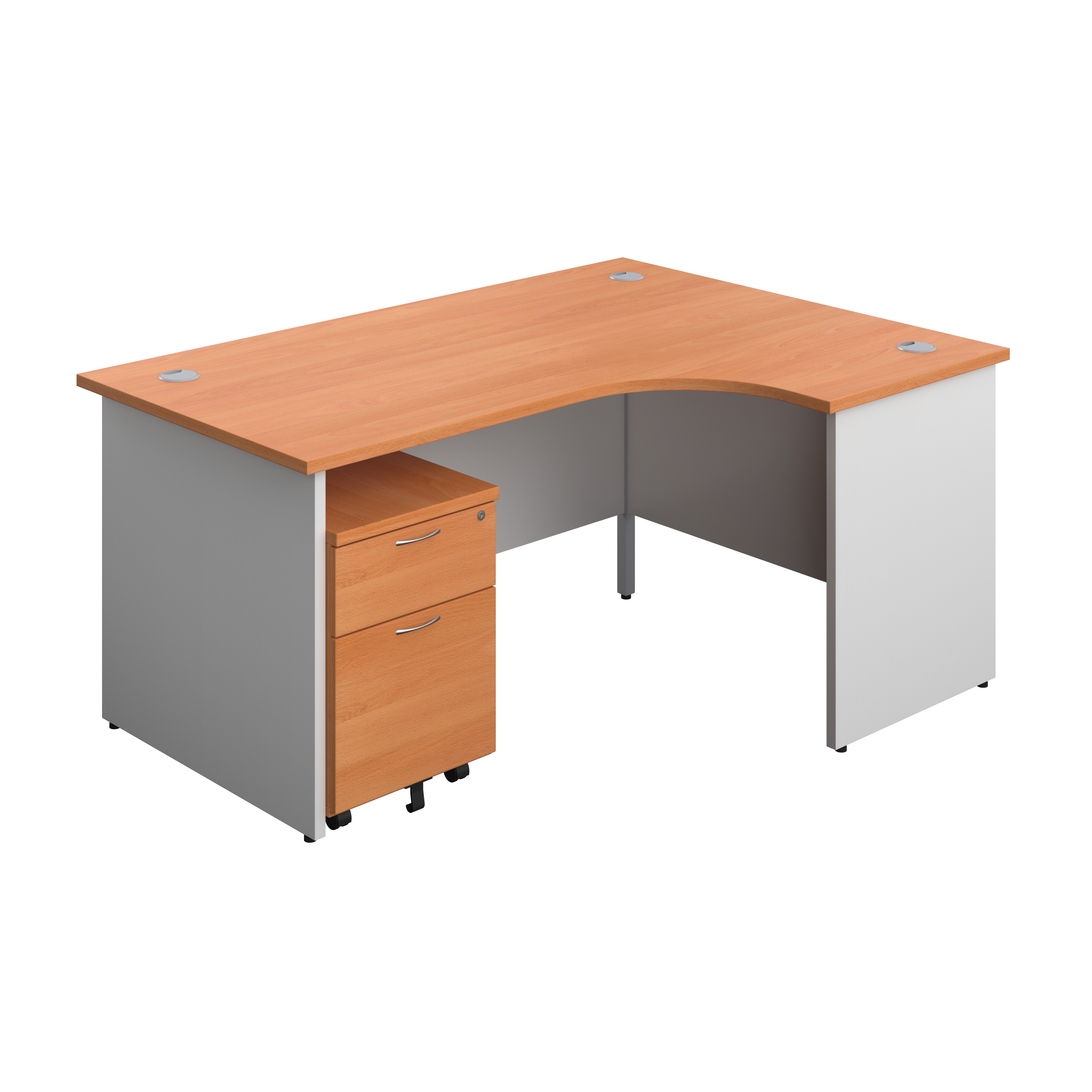 Panel Plus Right Radial Desk + 2 Drawer Mobile Pedestal Bundle (FSC) | 1600X1200 | Beech/White
