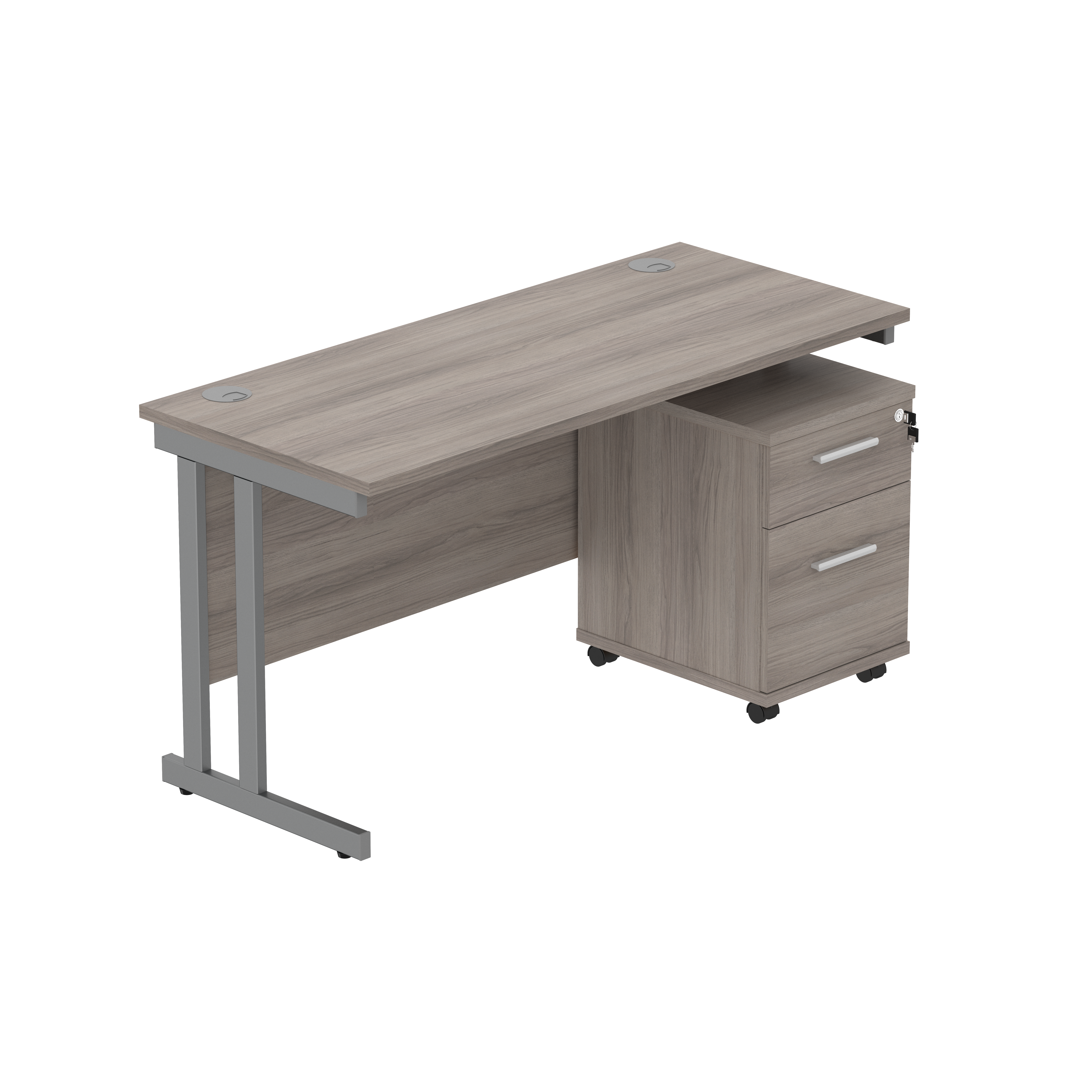 Double Upright Rectangular Desk + 2 Drawer Mobile Under Desk Pedestal (FSC) | 1400X600 | Alaskan Grey Oak/Graphite