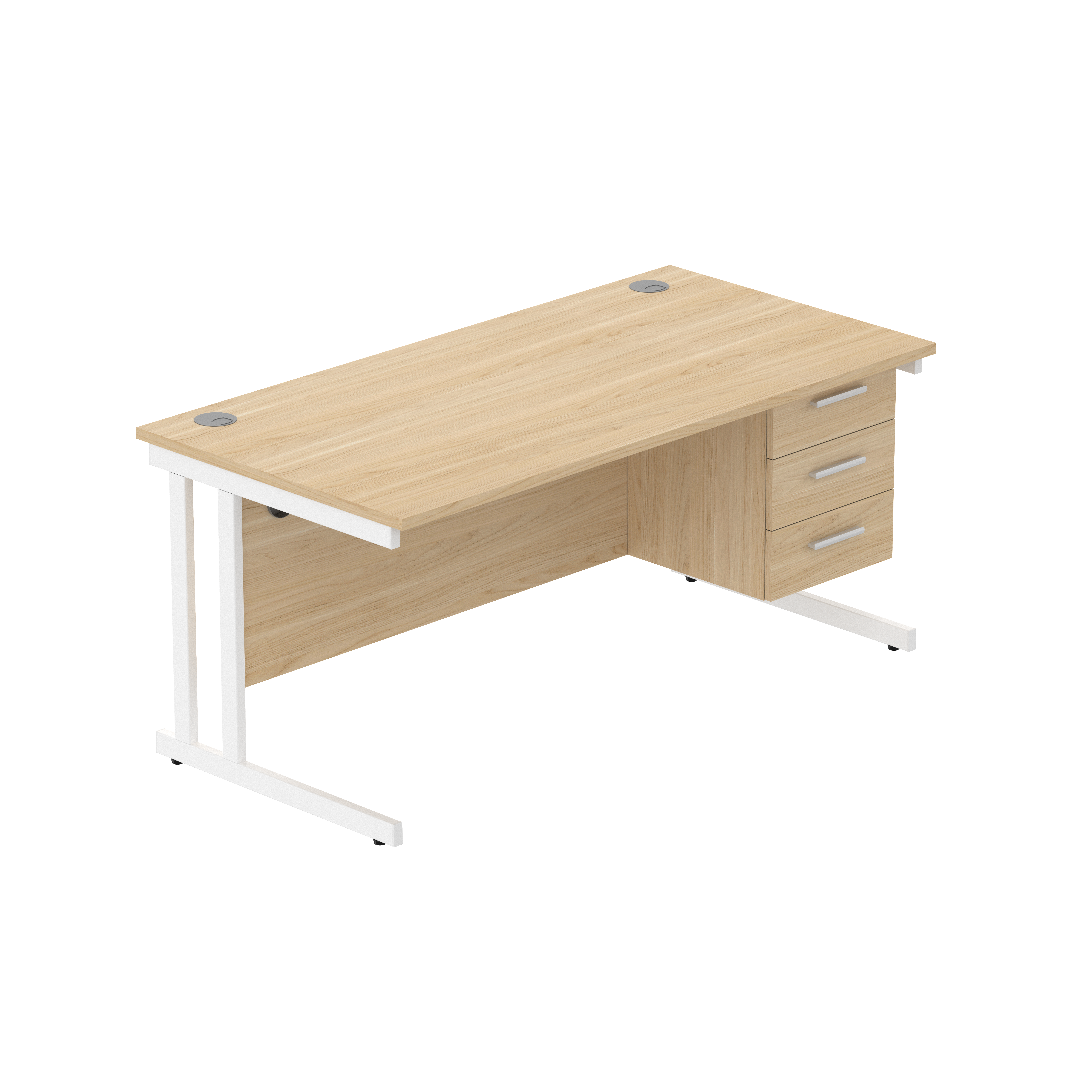 Office Rectangular Desk with Steel Double Upright Cantilever Legs + 3 Drawer Fixed Pedestal (FSC) | 1600X800 | Canadian Oak/White thumbnail 2