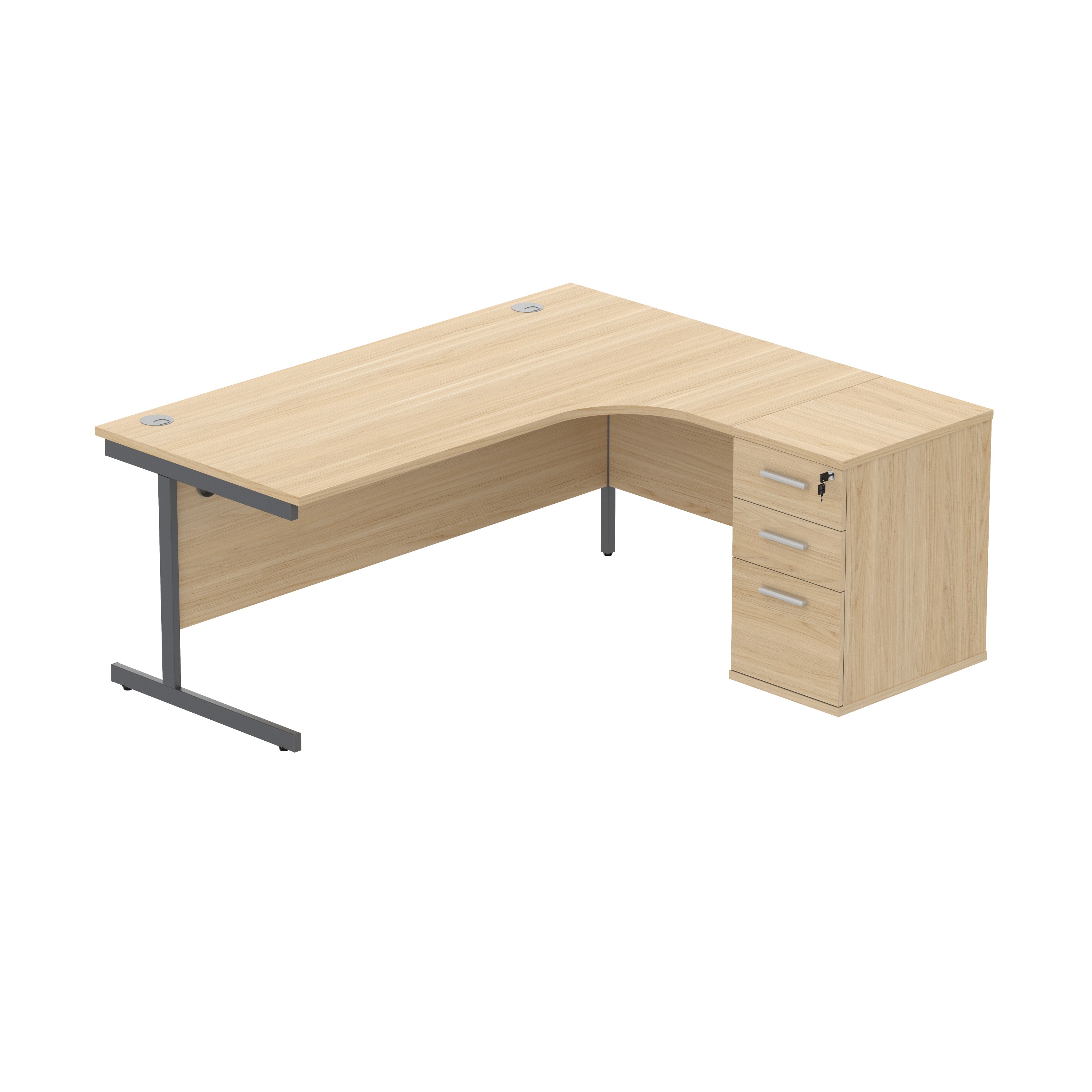 Single Upright Right Hand Radial Desk + Desk High Pedestal (FSC) | 600mm Deep Pedestal | 1800 X 1200 | Canadian Oak/Graphite thumbnail 2