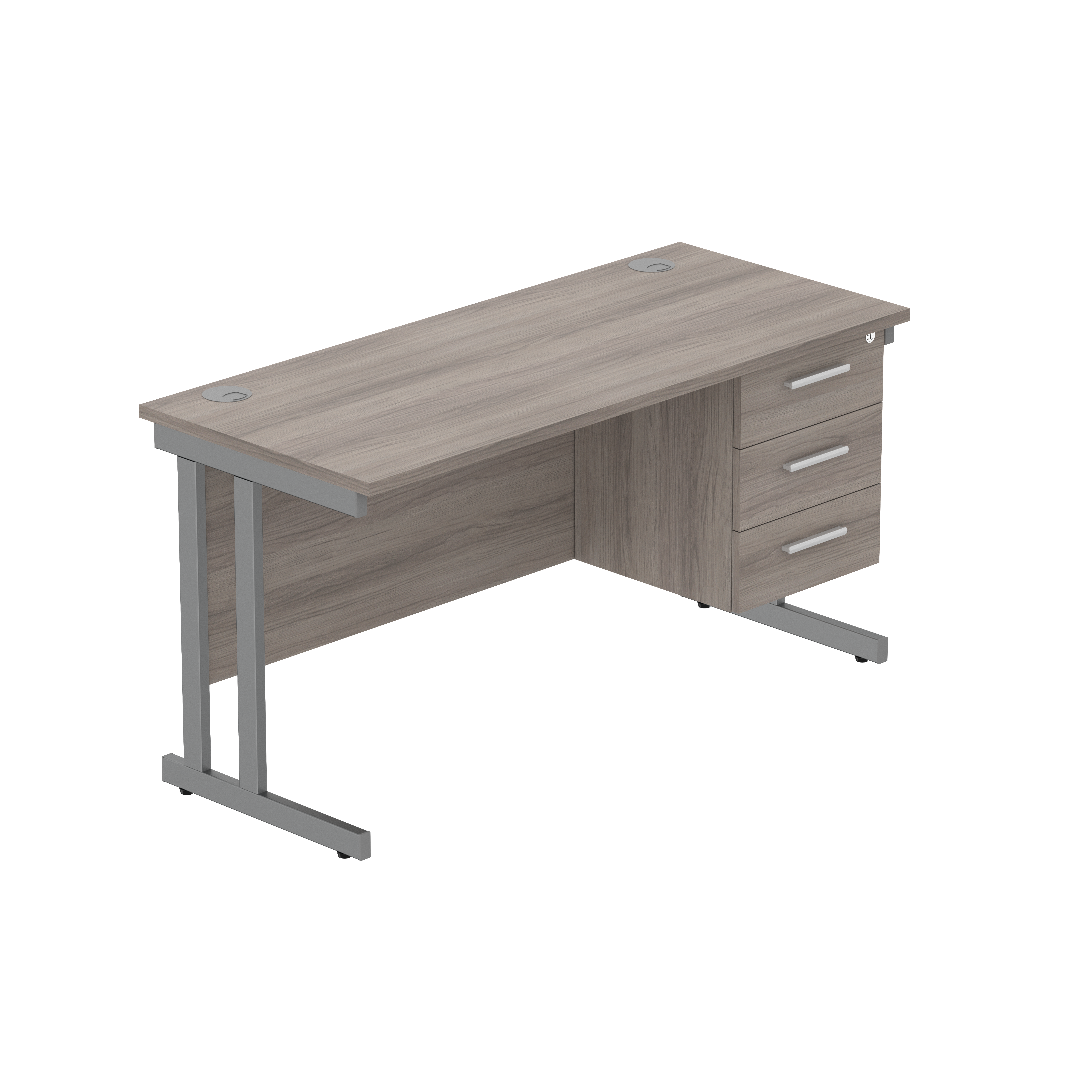 Office Rectangular Desk with Steel Double Upright Cantilever Legs + 3 Drawer Fixed Pedestal (FSC) | 1400X600 | Alaskan Grey Oak/Graphite