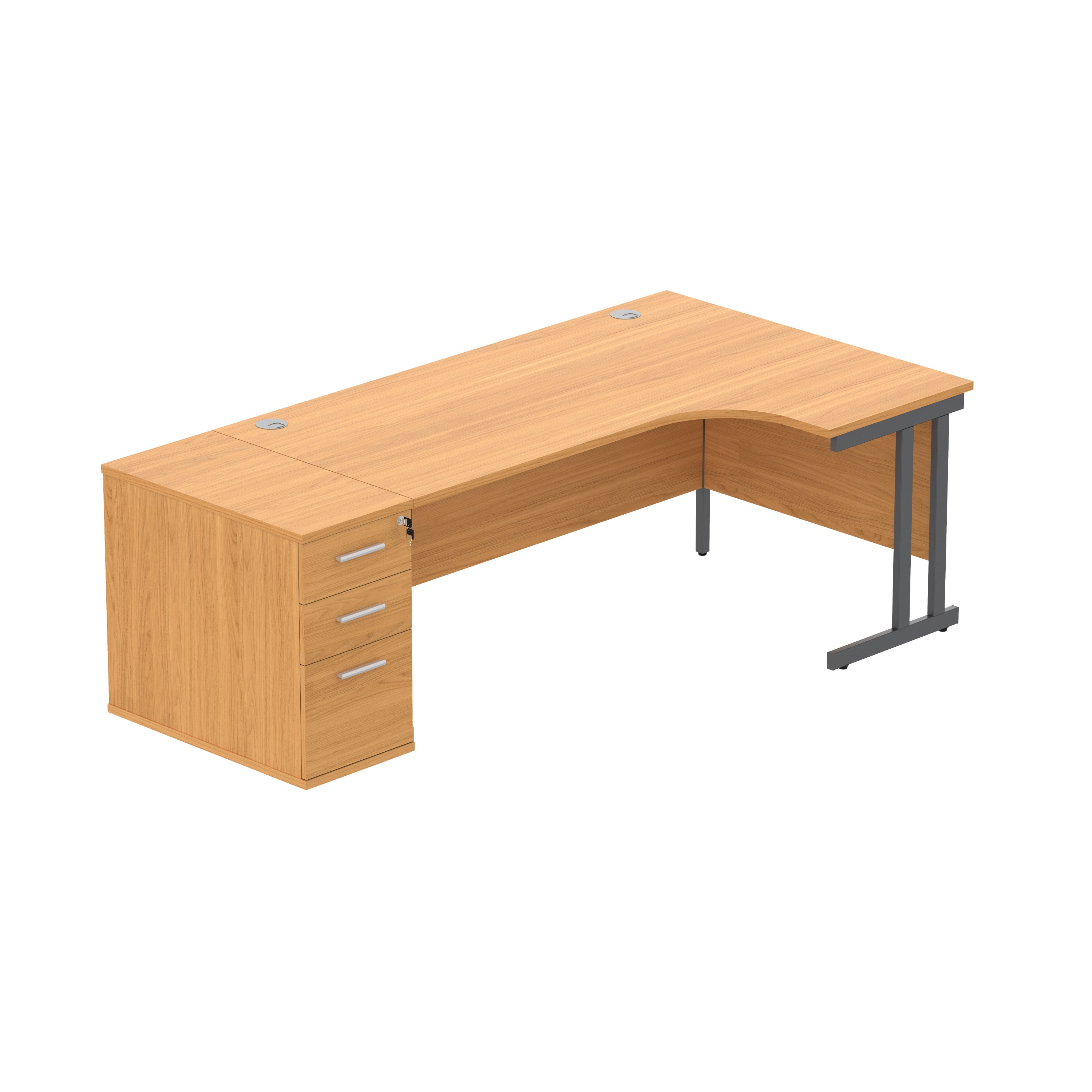 Double Upright Right Hand Radial Desk + Desk High Pedestal (FSC) | 600mm Deep Pedestal | 1800X1200 | Norwegian Beech/Graphite