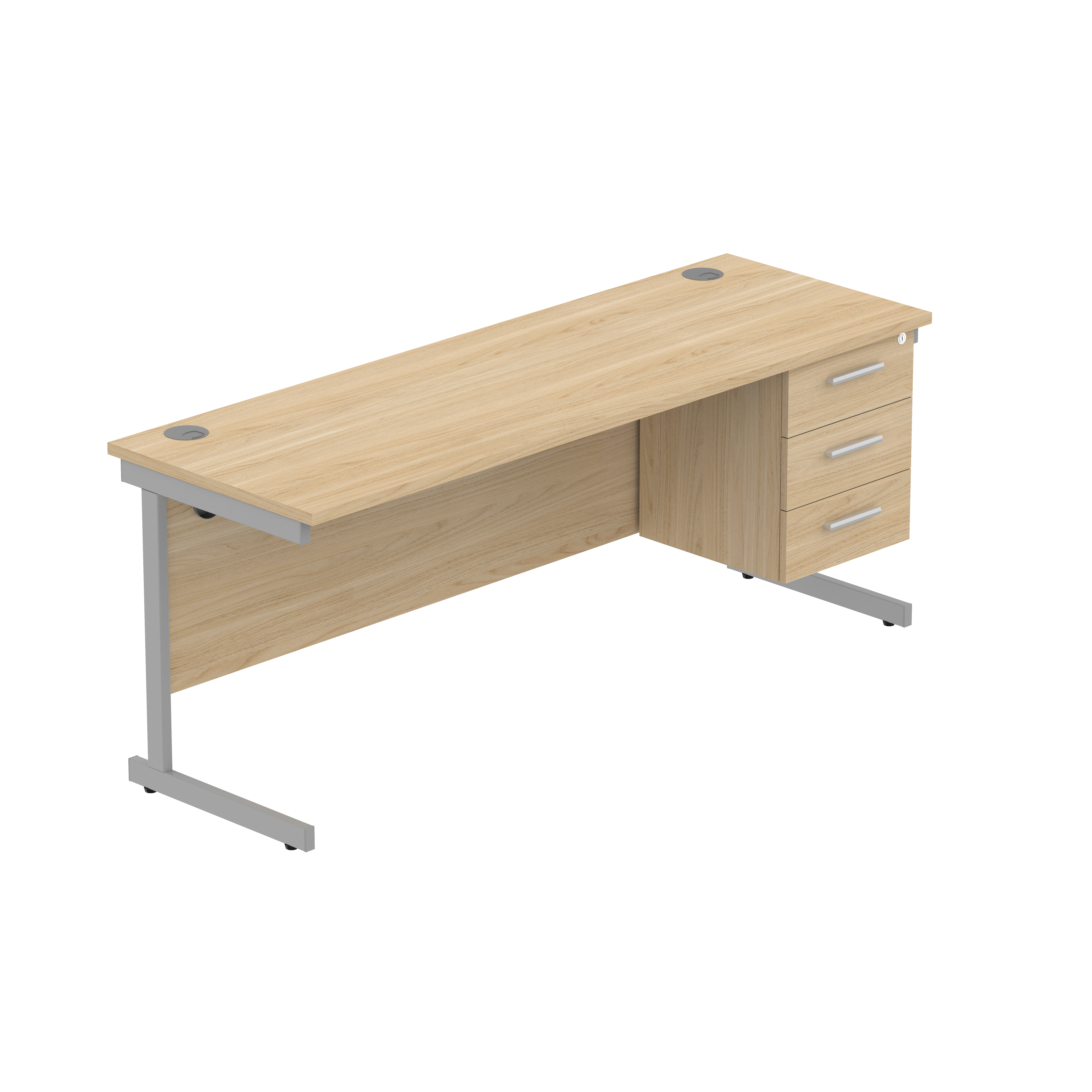 Office Rectangular Desk with Steel Single Upright Cantilever Legs + 3 Drawer Fixed Pedestal (FSC) | 1800X600 | Canadian Oak/Silver