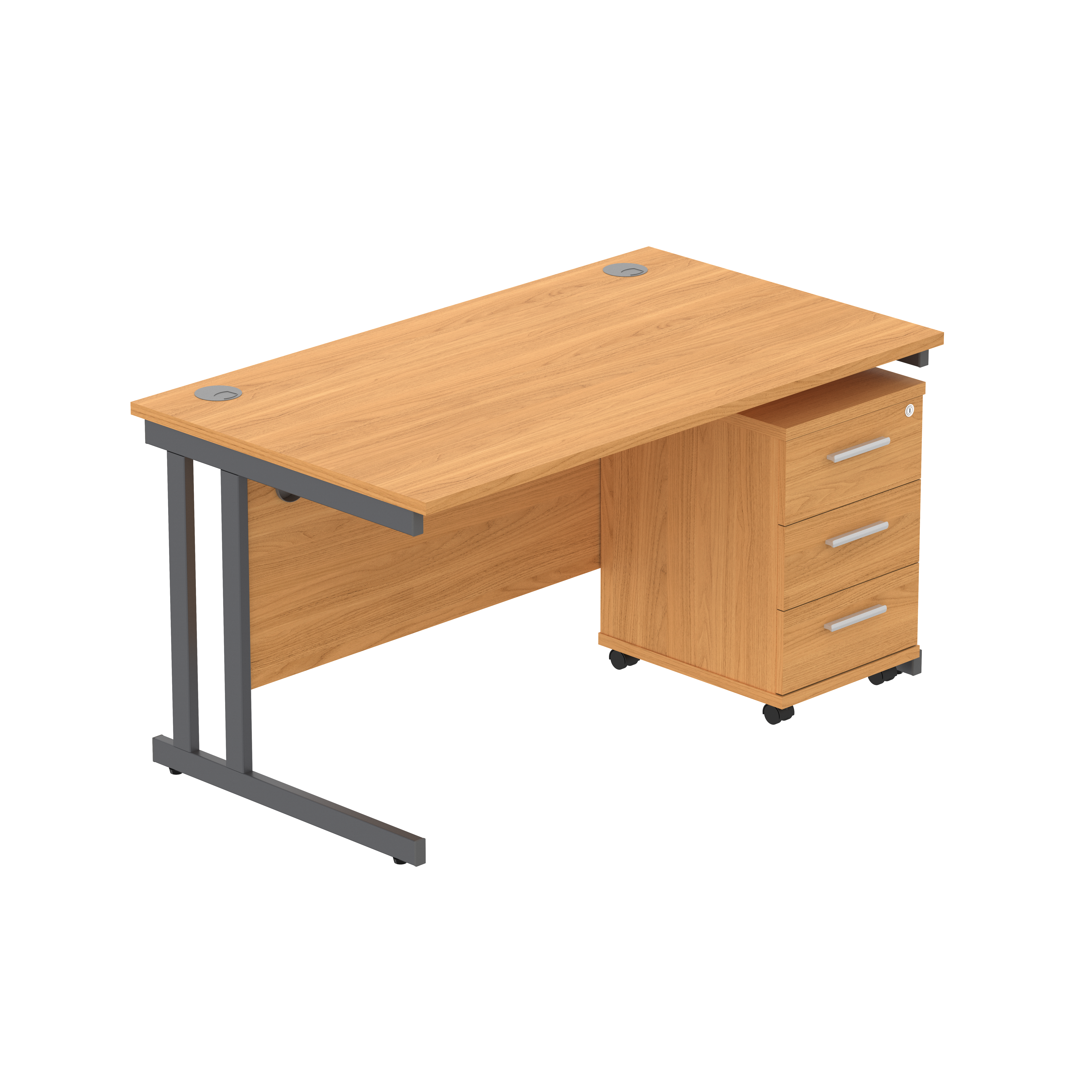 Double Upright Rectangular Desk + 3 Drawer Mobile Under Desk Pedestal (FSC) | 1400X800 | Norwegian Beech/Graphite thumbnail 2