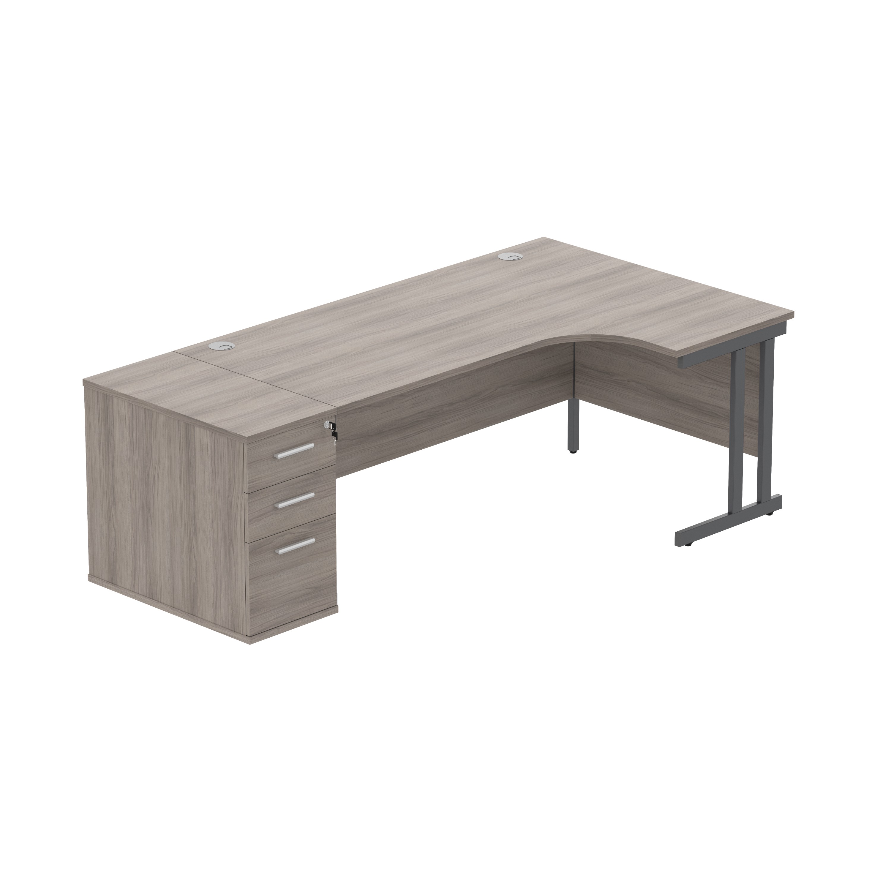 Double Upright Right Hand Radial Desk + Desk High Pedestal (FSC) | 600mm Deep Pedestal | 1800X1200 | Alaskan Grey Oak/Graphite