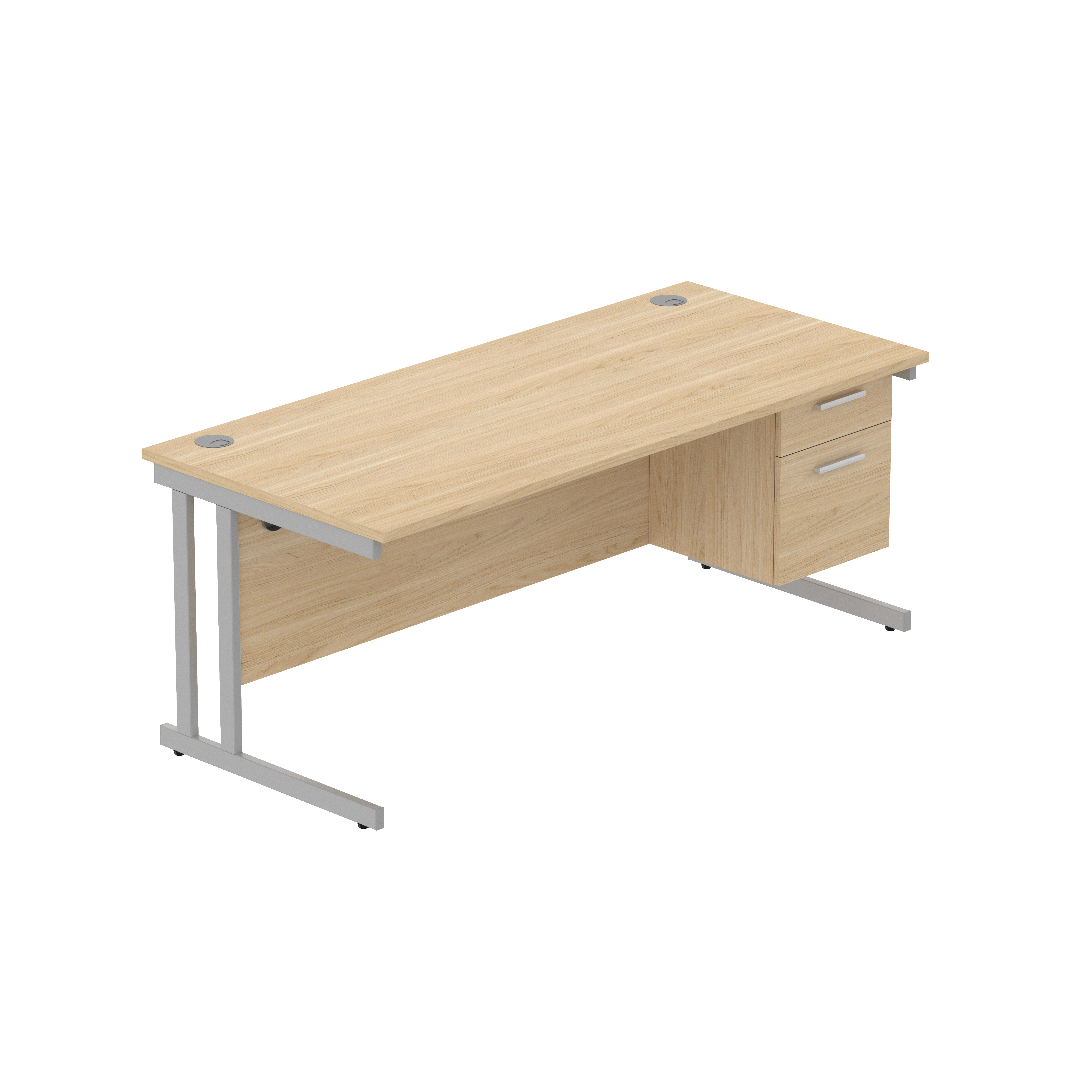 Office Rectangular Desk with Steel Double Upright Cantilever Legs + 2 Drawer Fixed Pedestal (FSC) | 1800X800 | Canadian Oak/Silver thumbnail 2