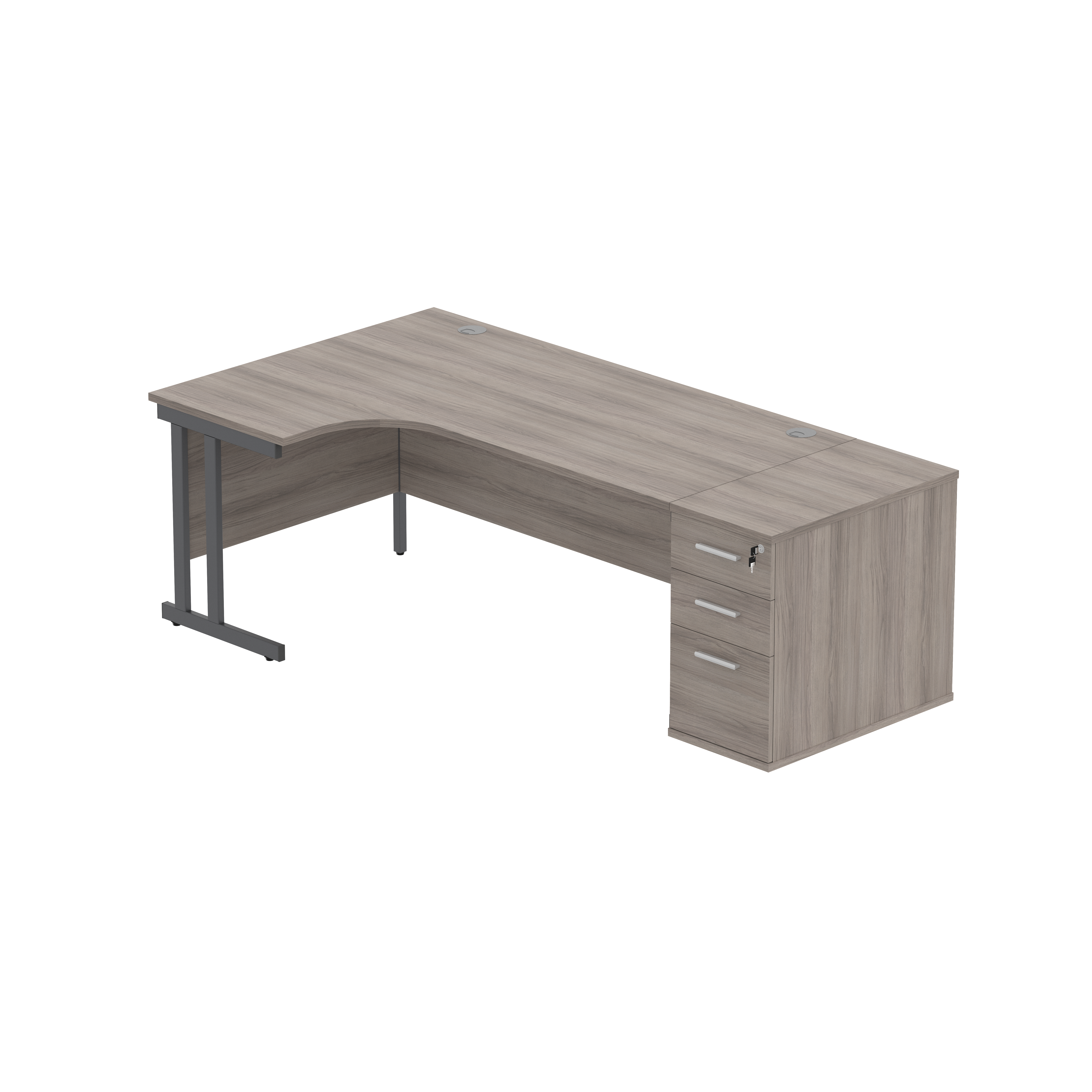 Double Upright Left Hand Radial Desk + Desk High Pedestal (FSC) | 600mm Deep Pedestal | 1800X1200 | Alaskan Grey Oak/Graphite