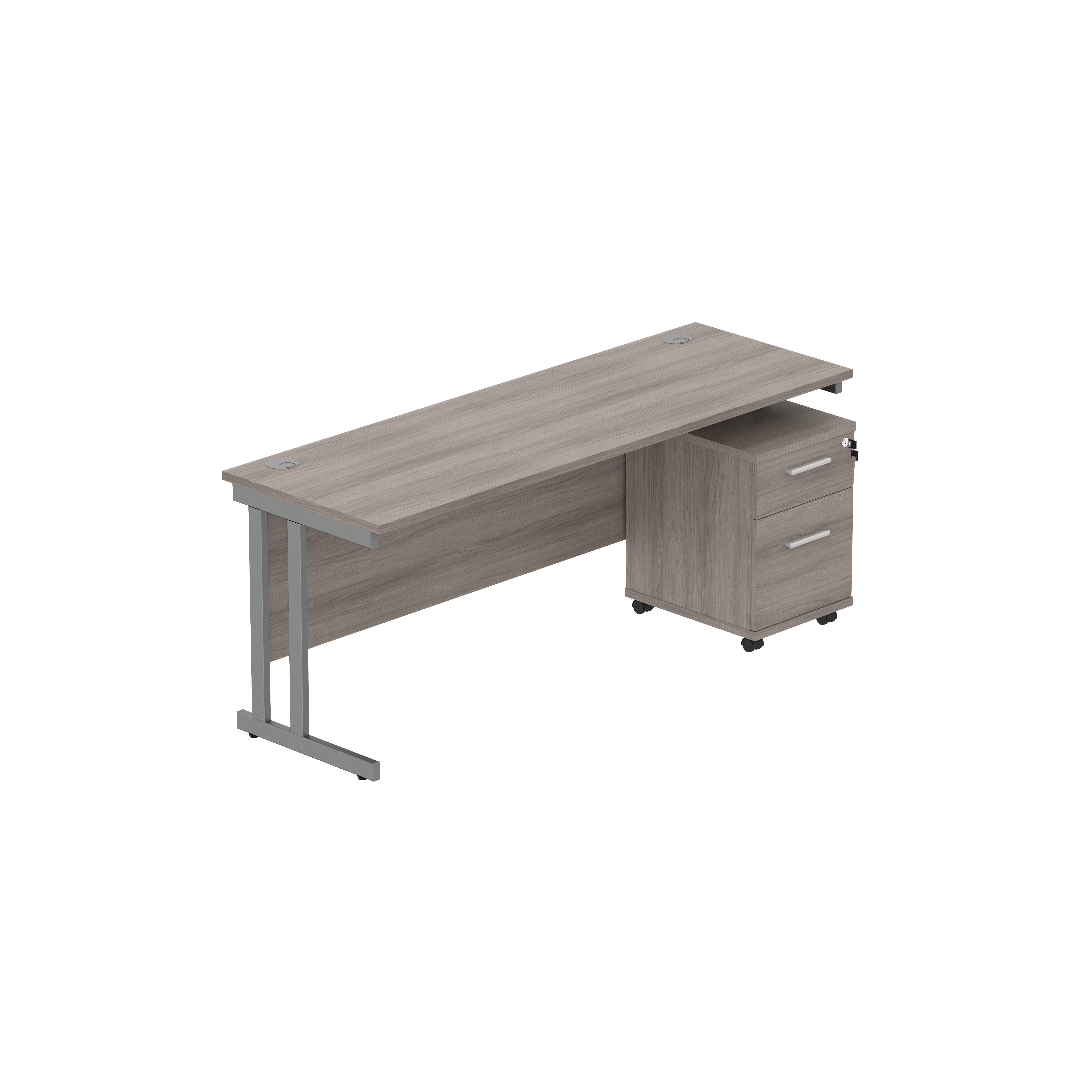 Double Upright Rectangular Desk + 2 Drawer Mobile Under Desk Pedestal (FSC) | 1800X600 | Alaskan Grey Oak/Graphite