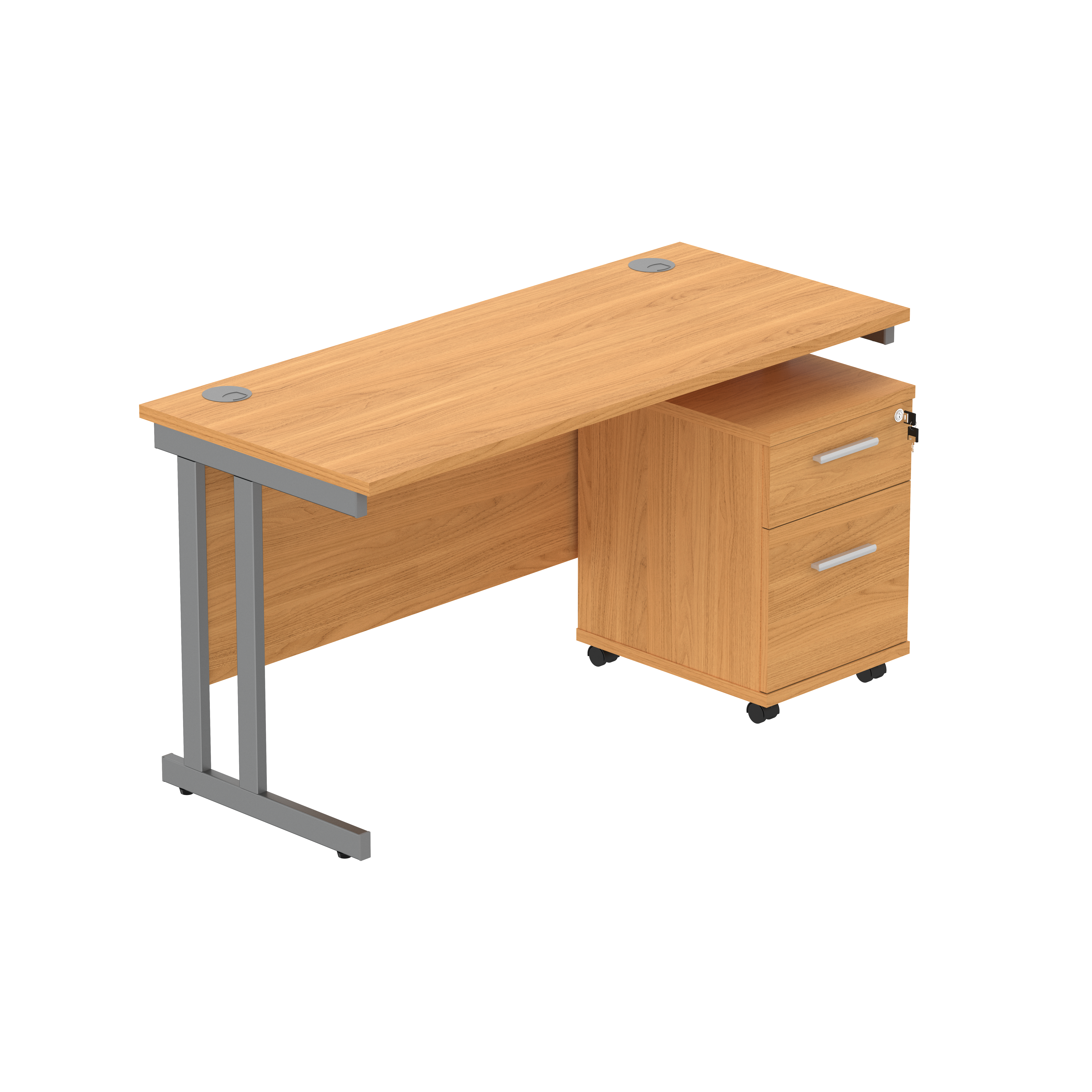 Double Upright Rectangular Desk + 2 Drawer Mobile Under Desk Pedestal (FSC) | 1400X600 | Norwegian Beech/Graphite