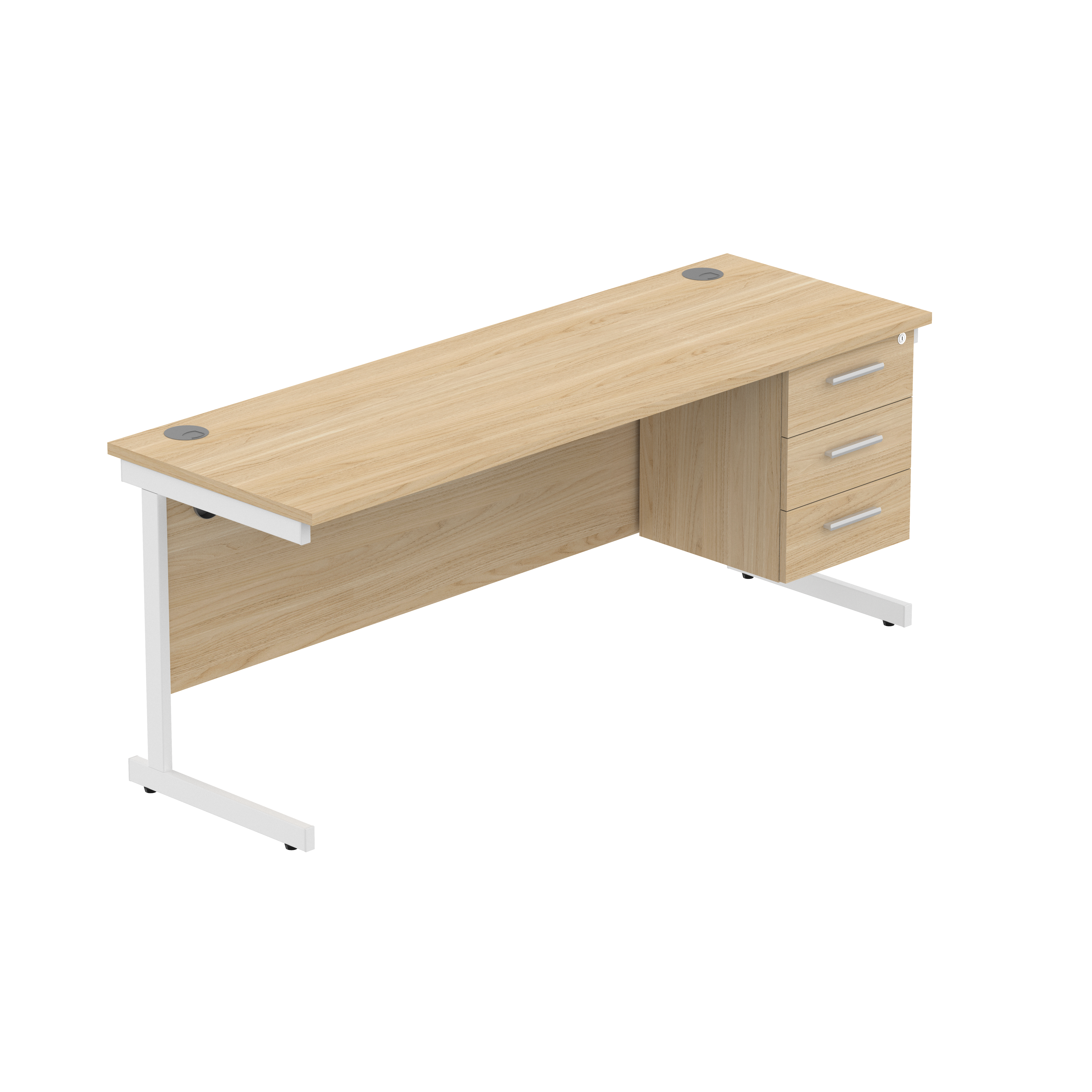 Office Rectangular Desk with Steel Single Upright Cantilever Legs + 3 Drawer Fixed Pedestal (FSC) | 1800X600 | Canadian Oak/White